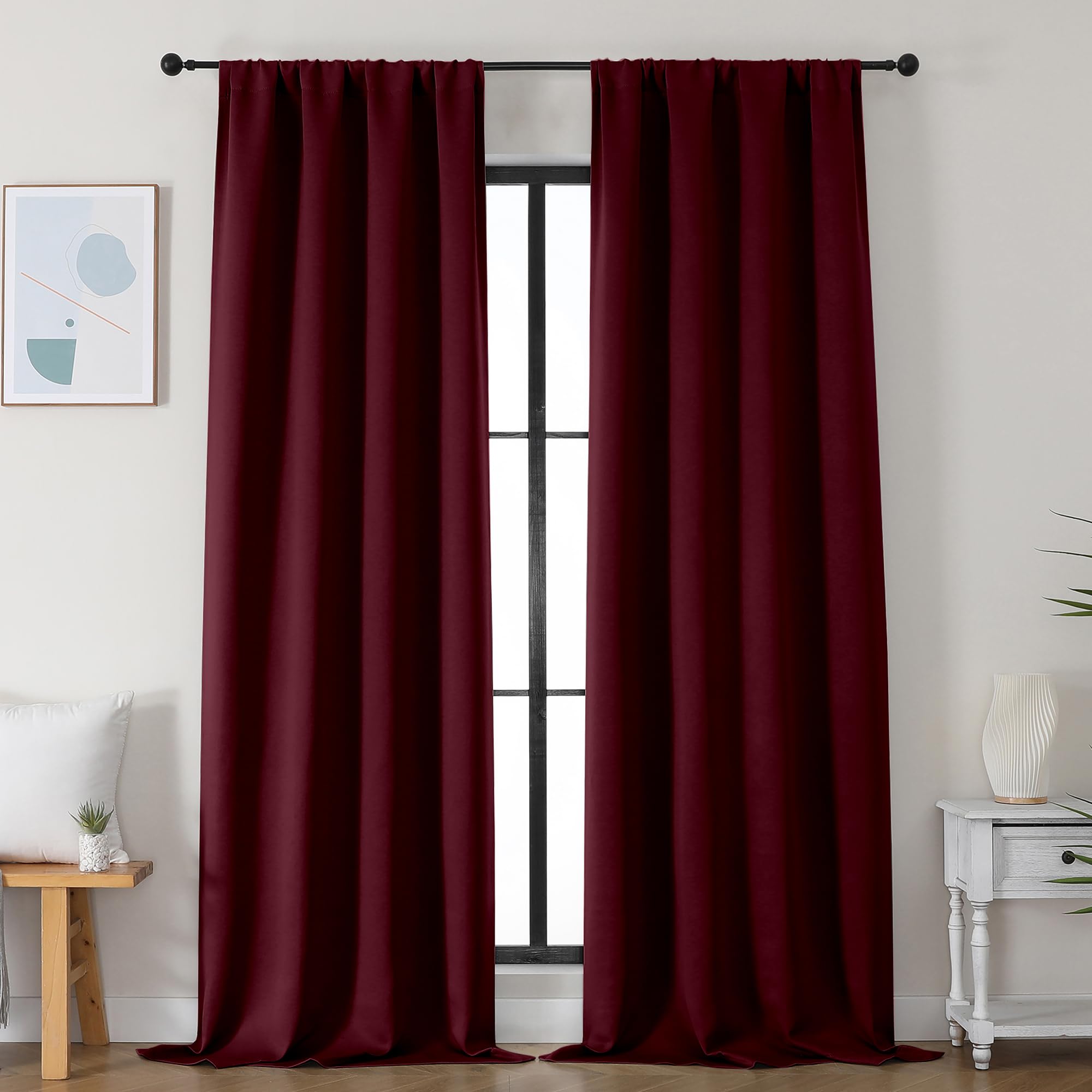 Simplebrand Ava Burgundy Blackout Curtains for Bedroom 96 Inches Long 2 Panels, Solid Thermal Insulated, Energy Saving Nursery Window Treatment Curtains Blackout Drapes, W40 x L96 Inch, Burgundy — image 1