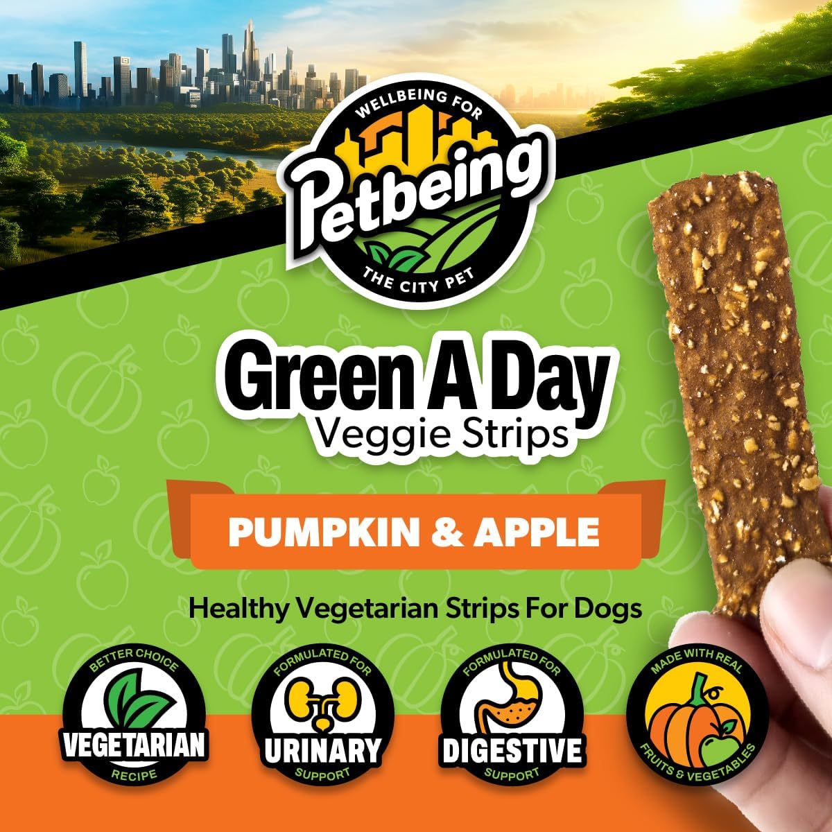 Green A Day - Veggie Strips | a Healthy Vegetarian Supplement Chew for Dogs Made with Real Fruits and Vegetables | 3 oz Bag x4 (Pumpkin - Apple)