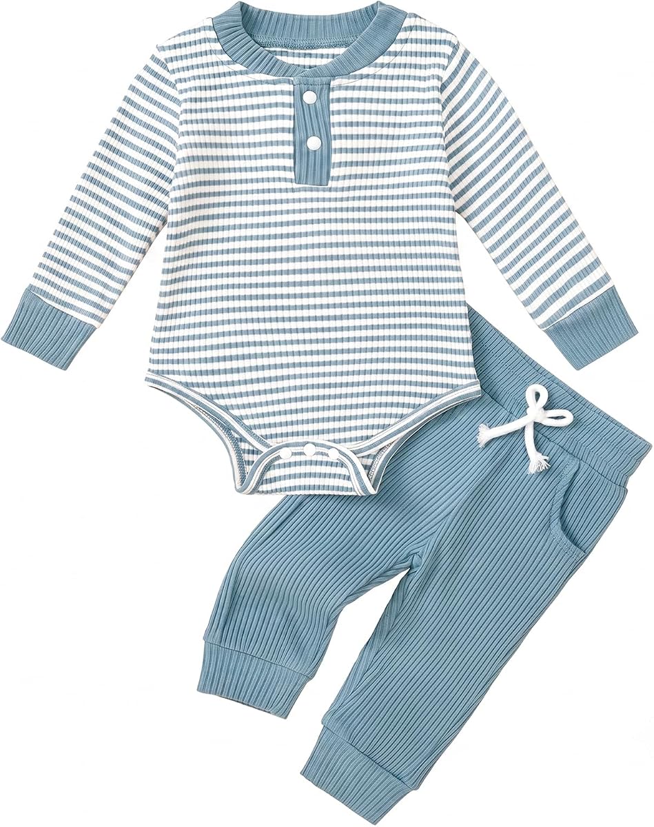 Ropa de bebé niño de punto acanalado otoño invierno Romper y pantalones conjuntos | De manga larga a rayas Oufits, cuello Ralph Lauren, cierre de botón a presión, pantalón de mono liso