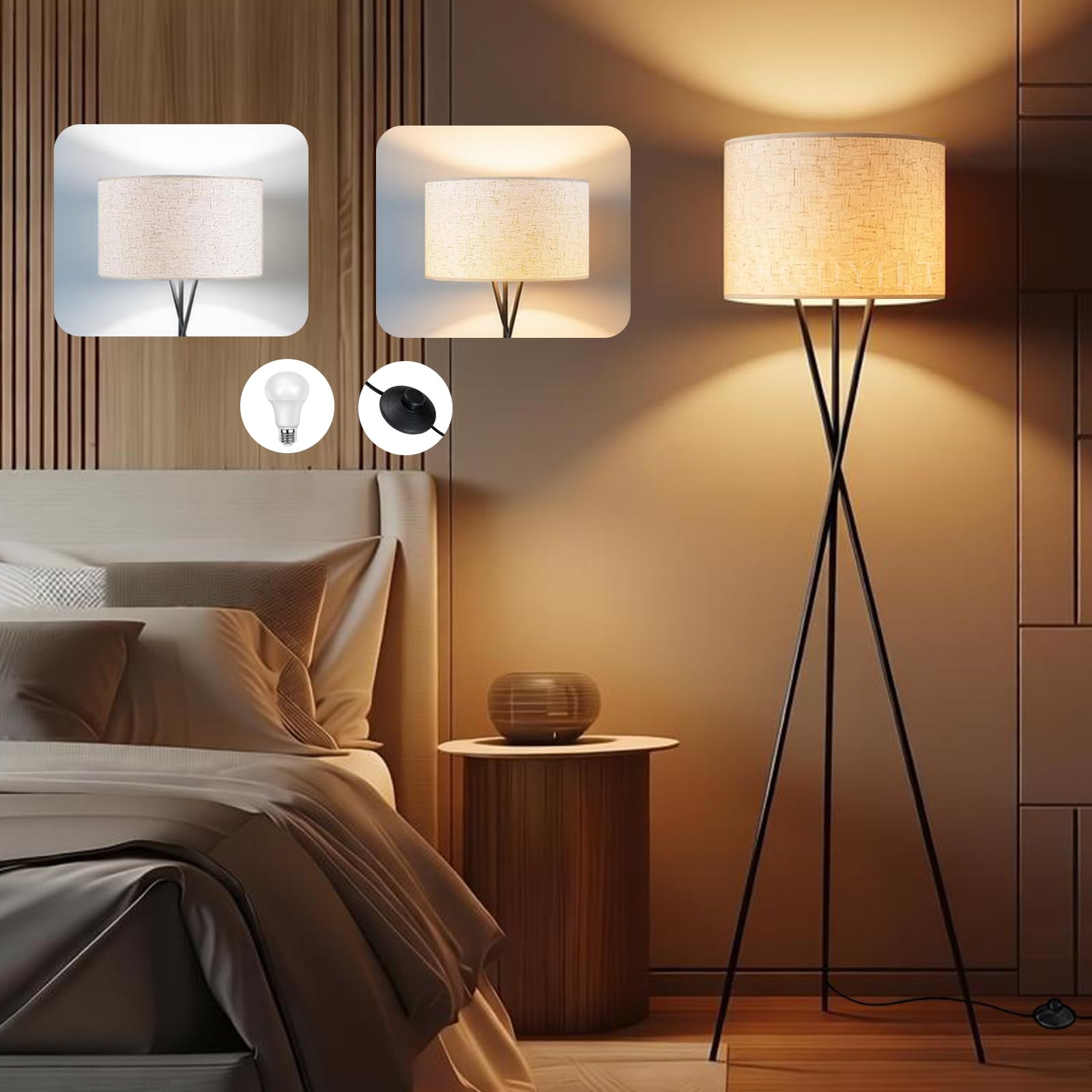 Dimmbare LED Stehlampe mit FußSchalter und Dreifuß,Moderne Stehlampe | Ausgestattet mit E27-GlüHbirne, mit Zwei Farbtemperaturen,Geeignet für Wohnzimmer, Schlafzimmer, Arbeitszimmer und BüRo