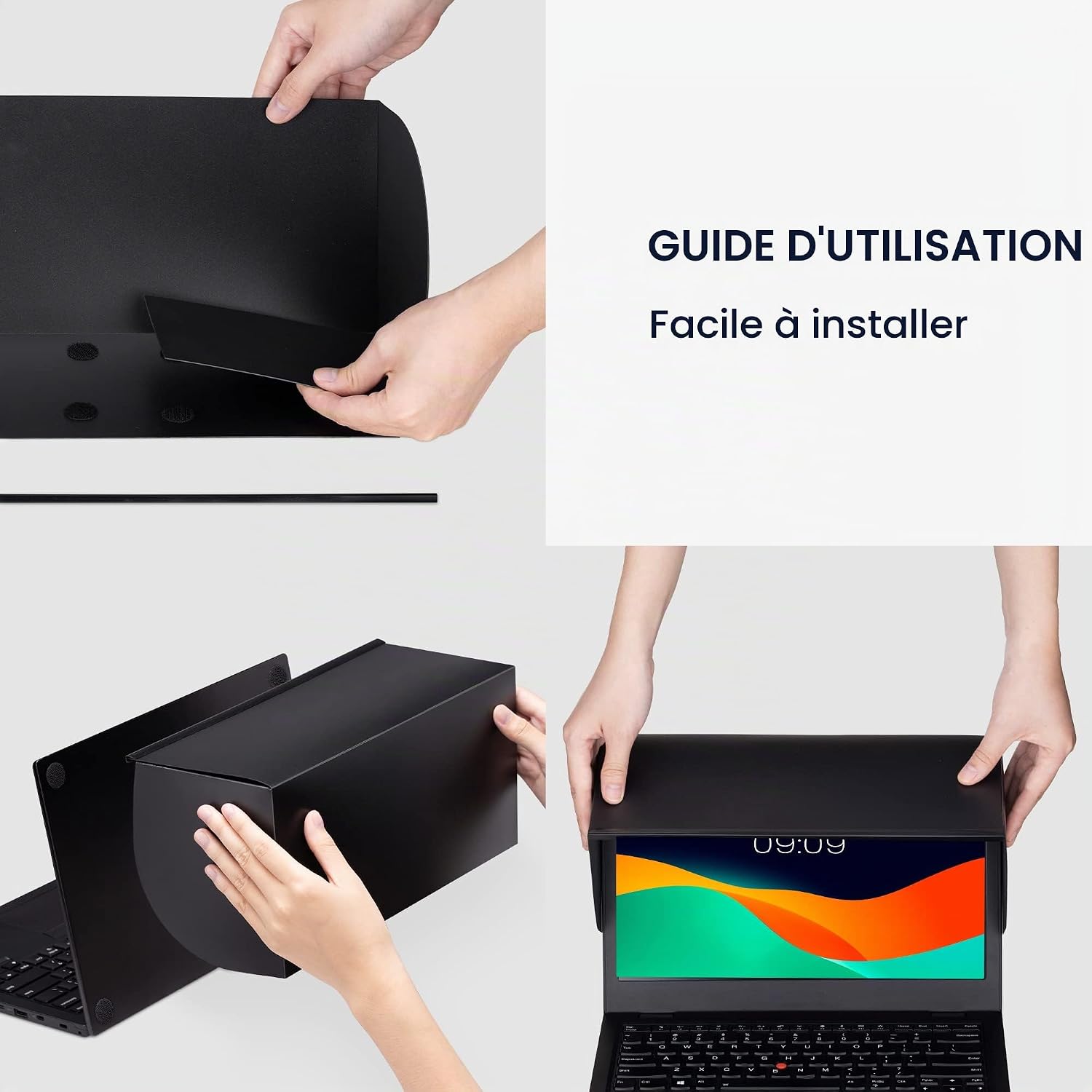 Four-panel image showing the installation process: unfolding the shade, attaching adhesive buttons, positioning the shade on a laptop, and securing it to the screen.