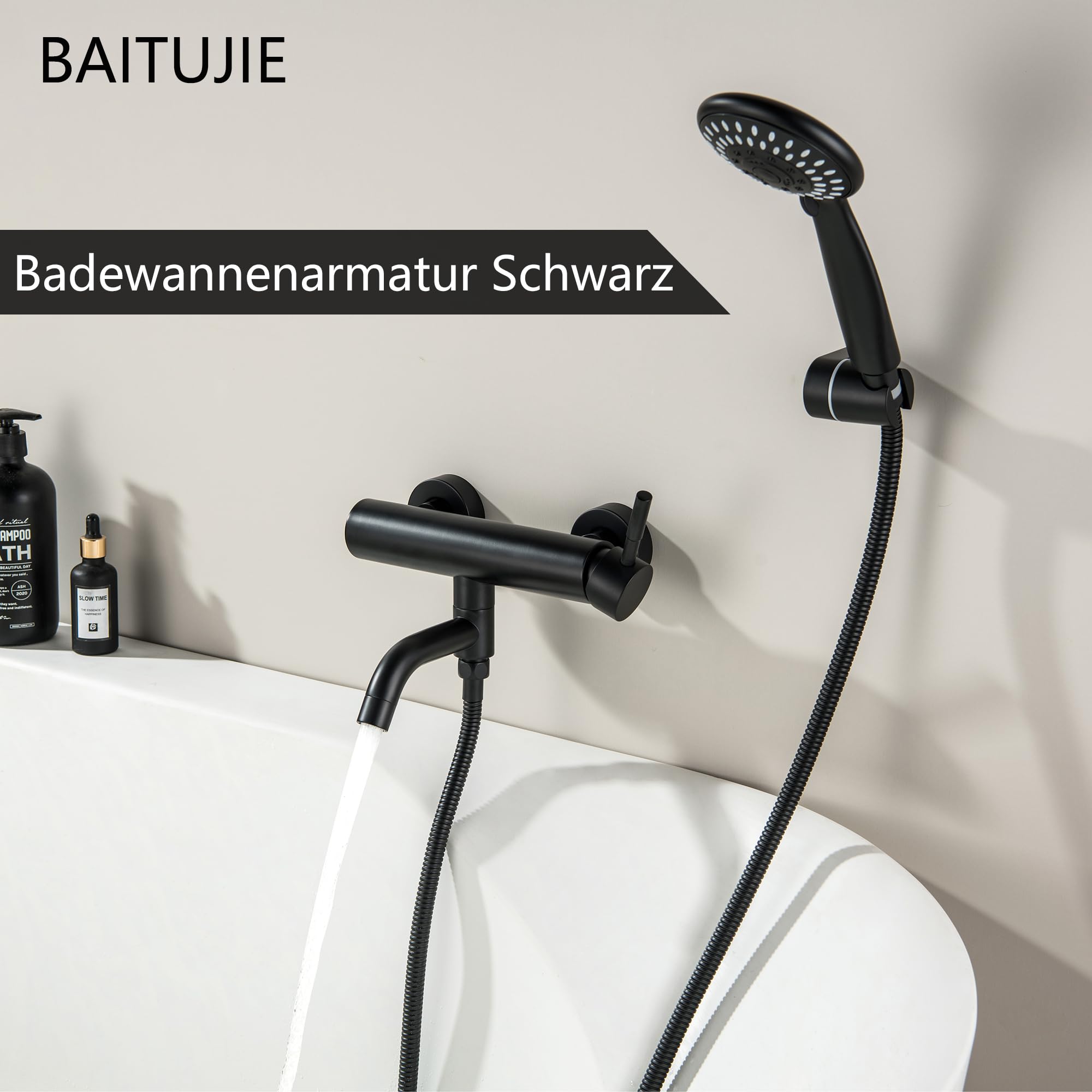 Rubinetti per vasca con doccetta Rubinetto per vasca a parete Rubinetto nero per vasca da bagno Bocca girevole a 90 ° con doccetta a 5 funzioni