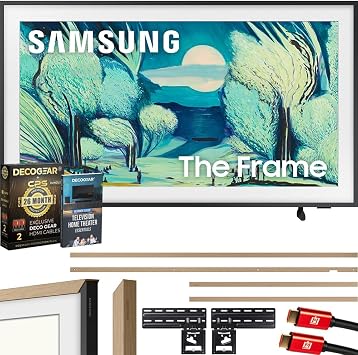 Samsung QN50LS03FA 50" The Frame QLED 4K AI TV 2025 Bundle with Modern Teak Bezel, CPS 26 Month Protection, Slim Flat Mount, 2X HDMI Cables & Deco Gear Complete Home Theater Beginners Guidebook