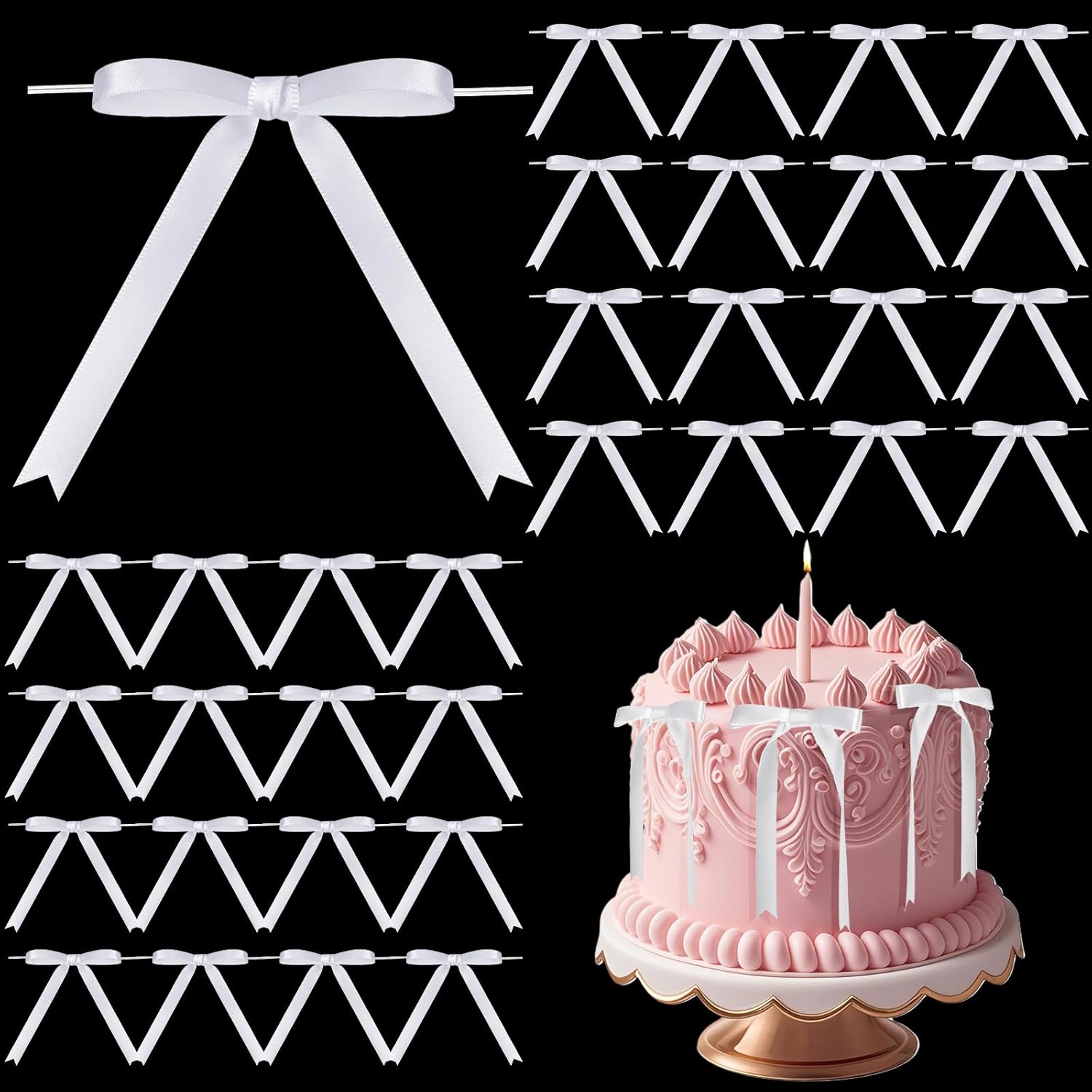 Riceshoot 50 Pcs Twist Tie Bows for Cake 3x4.5 Inch Satin Ribbon Bows for Gift Wrapping Treat Bags Craft DIY Valentines Day Wedding Baby Shower Birthday Party Decorations(White)