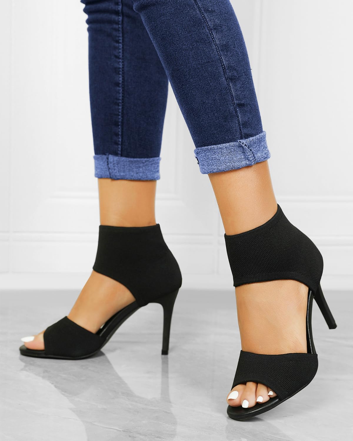 Peep-Toe-Absätze für Damen, sexy, 9.4 cm, Stiletto-High Heels für Damen, elegant, Slipper, bequem, breit, dehnbar, Strick, offener Zehenbereich, schwarze Absätze, Sandalen für Abschlussball