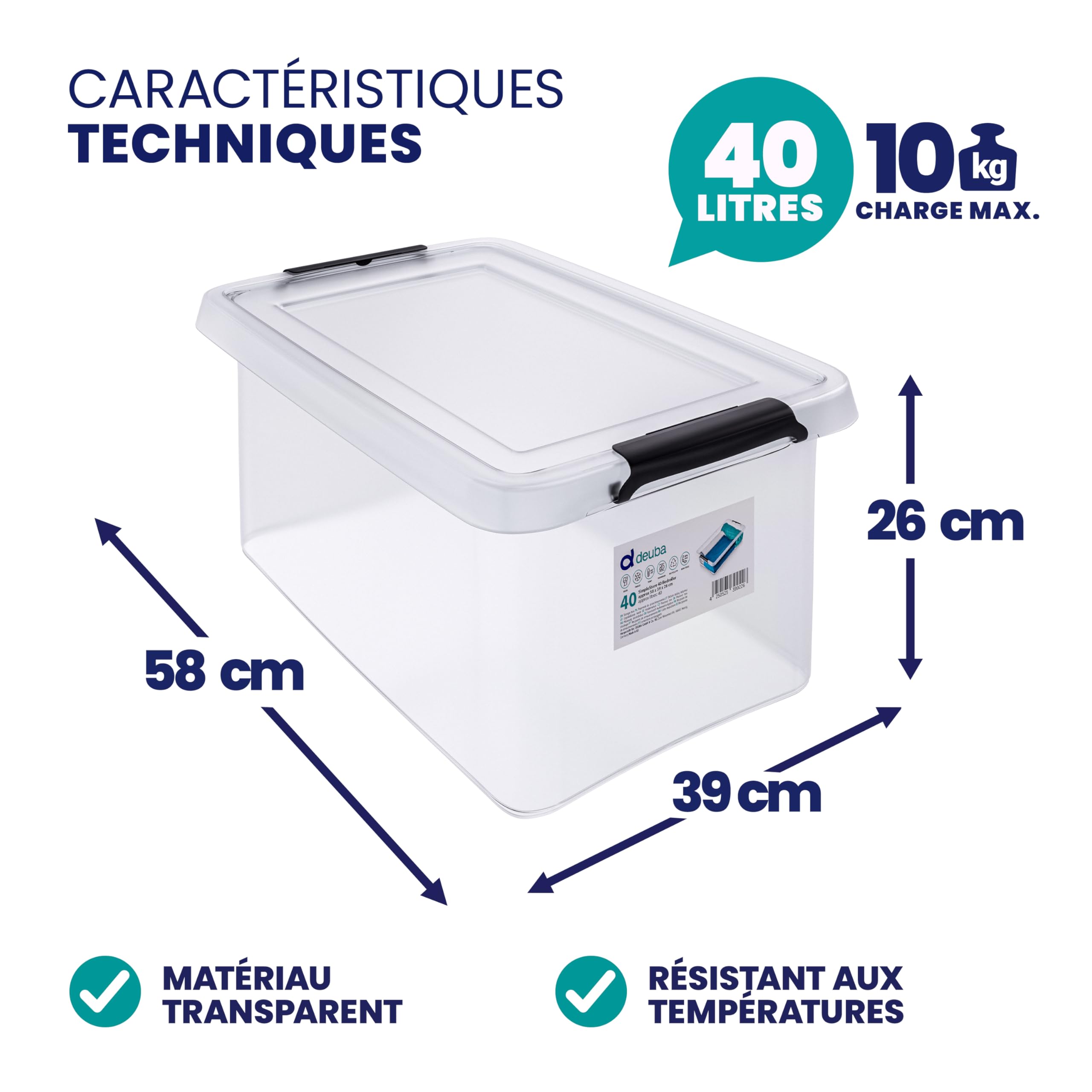 Deuba® 8x Boîte de rangement 40L en plastique transparent empilable sans BPA gain de place caisse de rangement organiseur