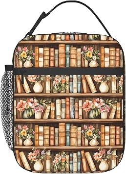 Retro Book Lunch Box for Kids,Flower Insulated Bag for Student,Library Reusable Thermal Insulation Cooler Tote Bags for School Work Picnic Camping Outdoor Gifts Vintage Books and Vases