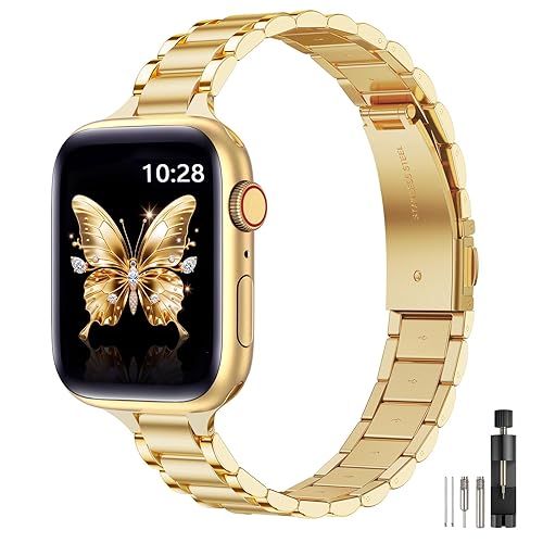 WFEAGL Thin Metal Bands Compatible with Apple Watch Band 46mm 45mm 44mm 49mm 42mm (Series 3 2 1) for Women, Slim Stainless Steel Wristbands for iWatch Ultra SE Series 11 10 9 8 7 6 5 4 (Gold)