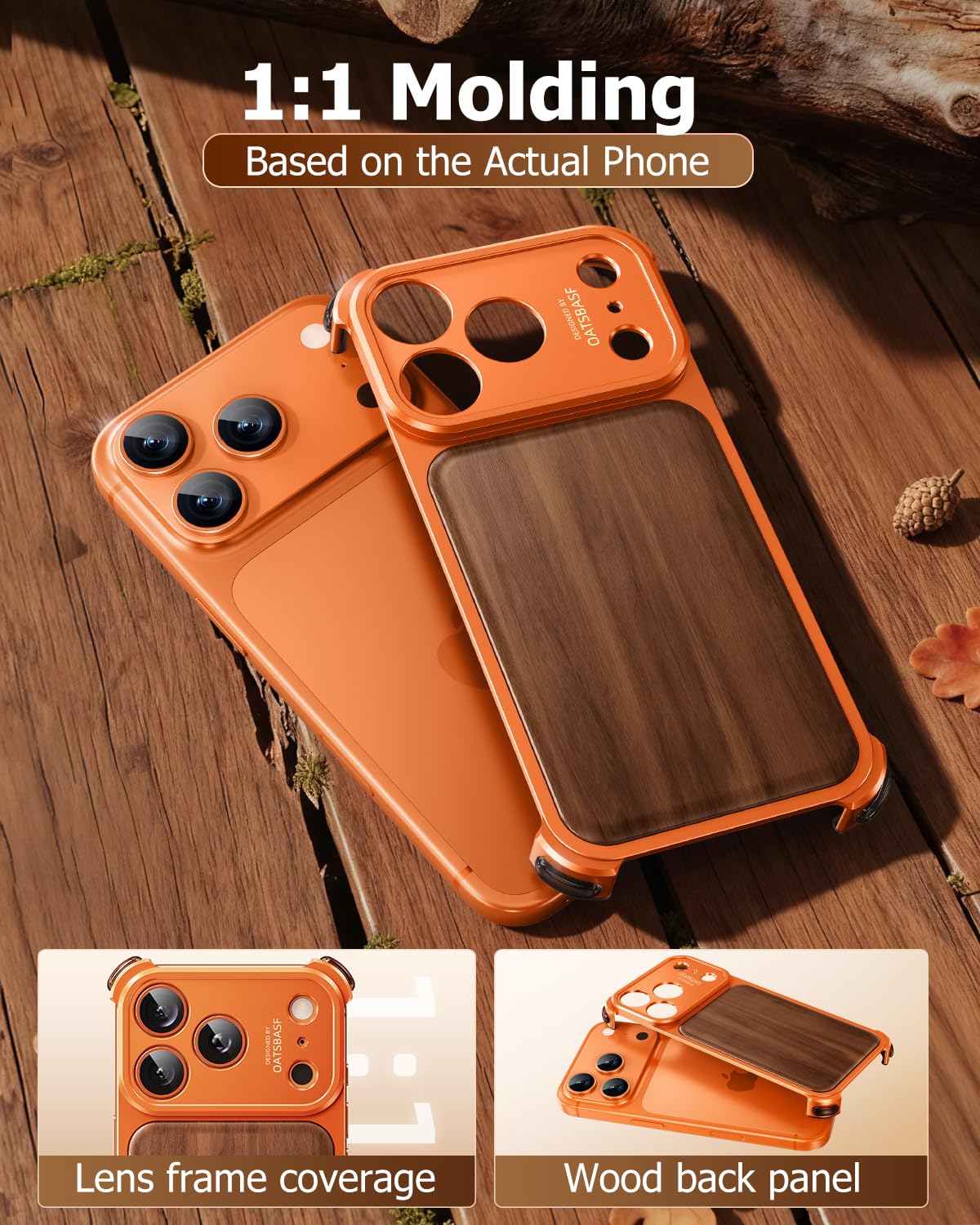 OATSBASF Funda para iPhone 17 Pro Max, protección completa de la cámara, compatible con cargador MagSafe, marco de metal, panel trasero de grano de madera (naranja, para iPhone 17 Pro Max)