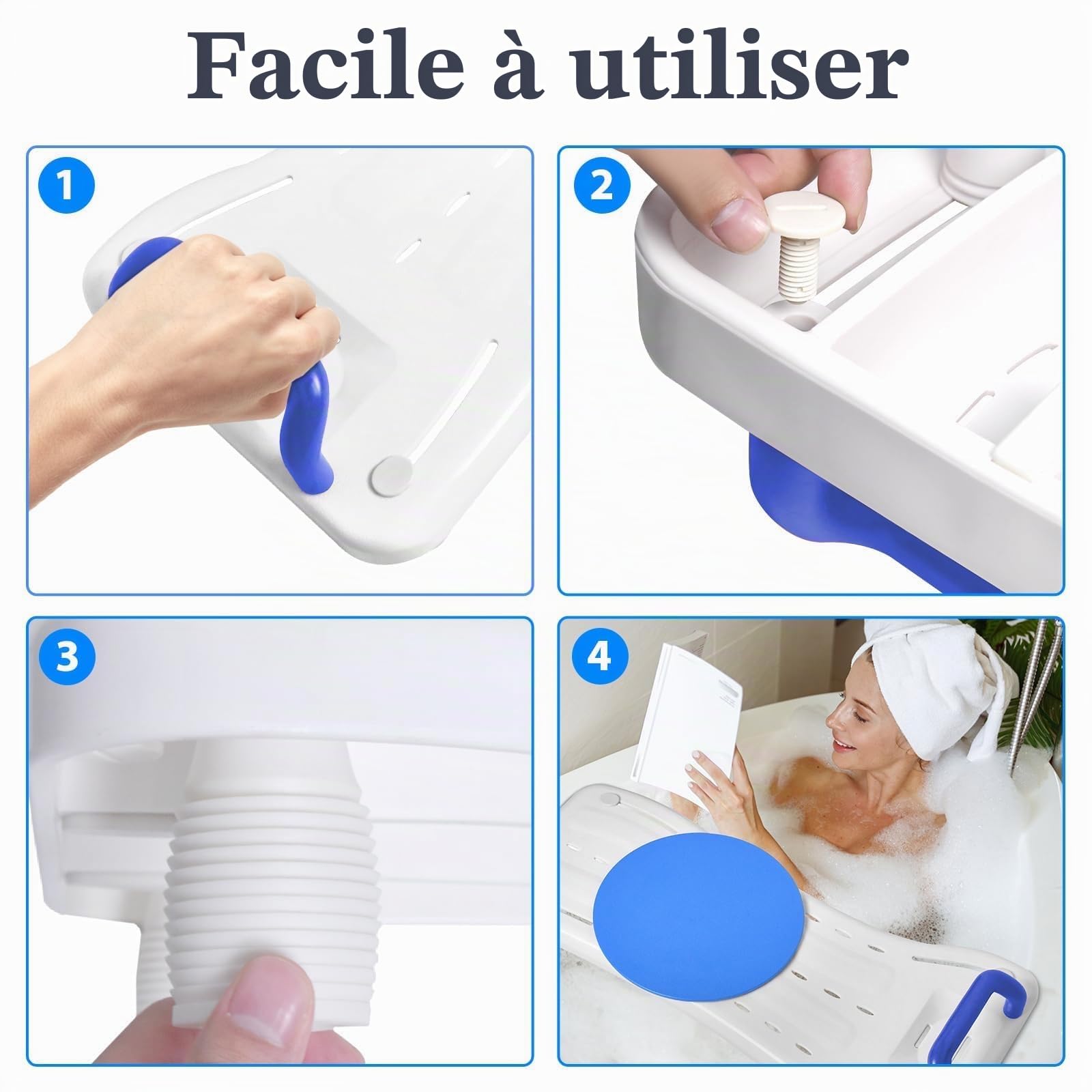 ACXIN Planche de Bain pour Personnes âgées, avec Porte-Savon et poignée, pour Baignoire, 41 à 63 cm, réglable, avec Plaque tournante, Charge maximale : 150 kg (Bleu, 75,5x34x10cm)