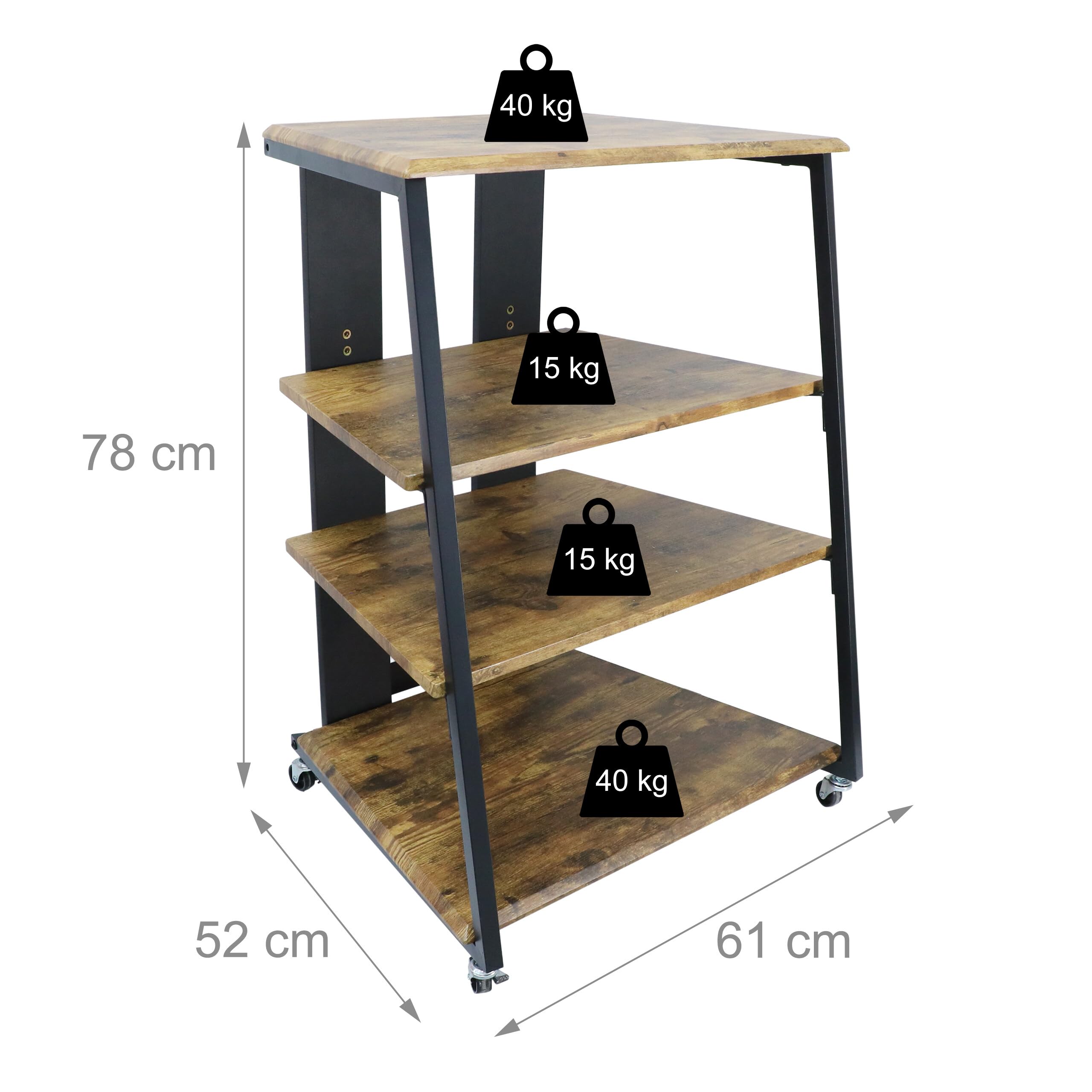 Relaxdays HiFi Rack, 4 Ripiani per Giradischi, in Ferro e MDF, 78x61x52 cm, multimediale Industriale, Marrone/Nero