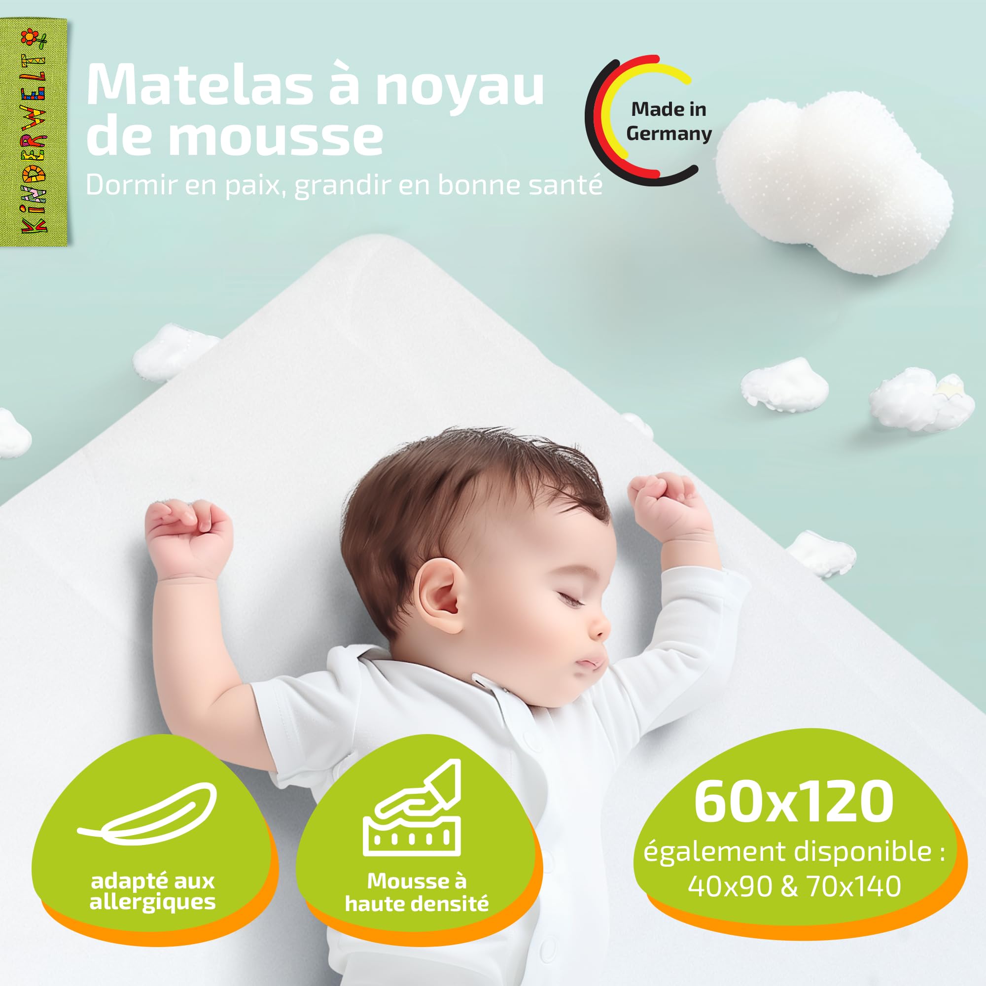 Matelas pour bébé, noyau en mousse, 60 x 120, blanc