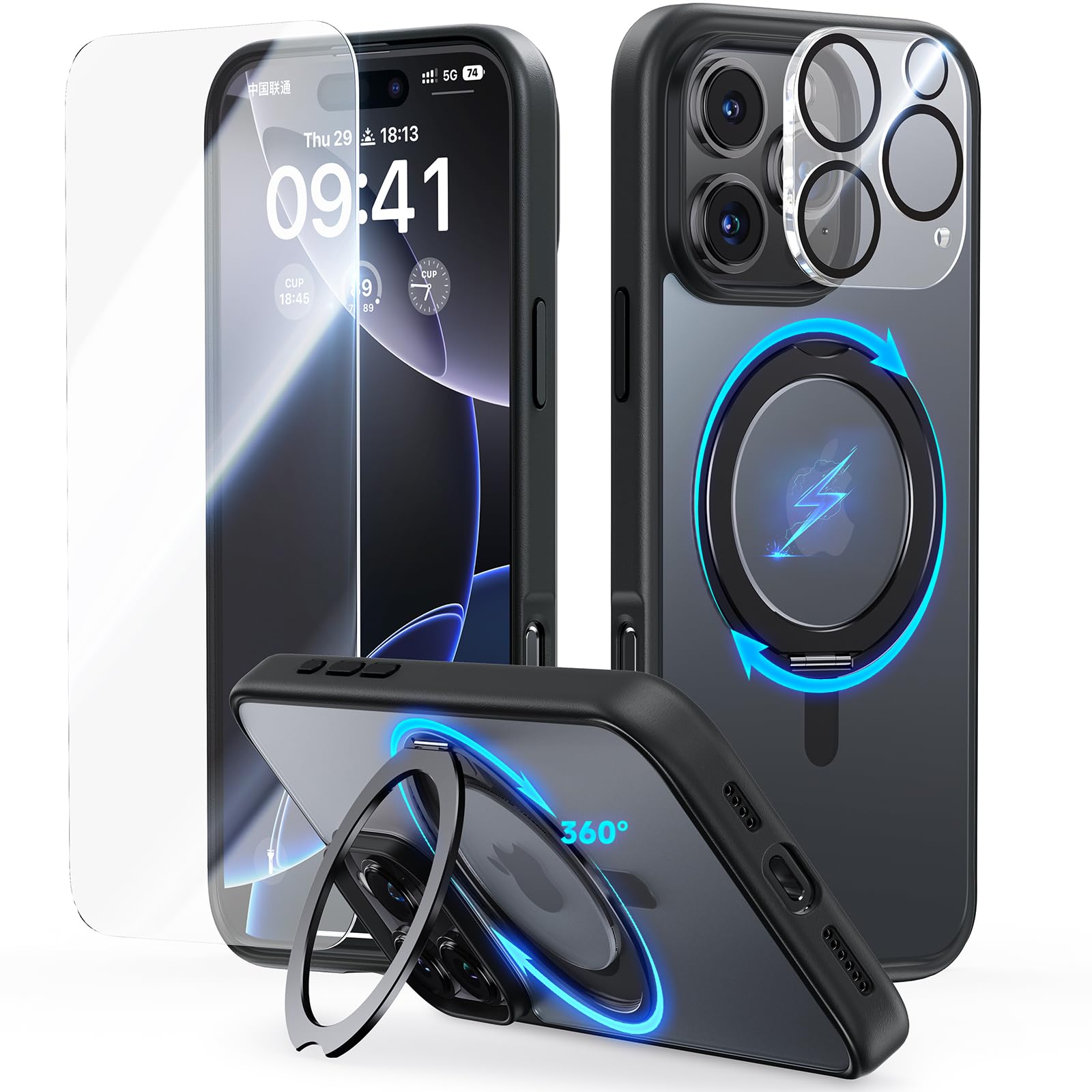 JUESHITUO3 in 1 for iPhone 16 Pro Max Case, 360° Rotatable Magnetic Ring Stand with [Rotary Damping Sound] [1X Screen Protector+1X Camera Lens Protector] Shockproof Phone Cover 6.9", Black Titanium