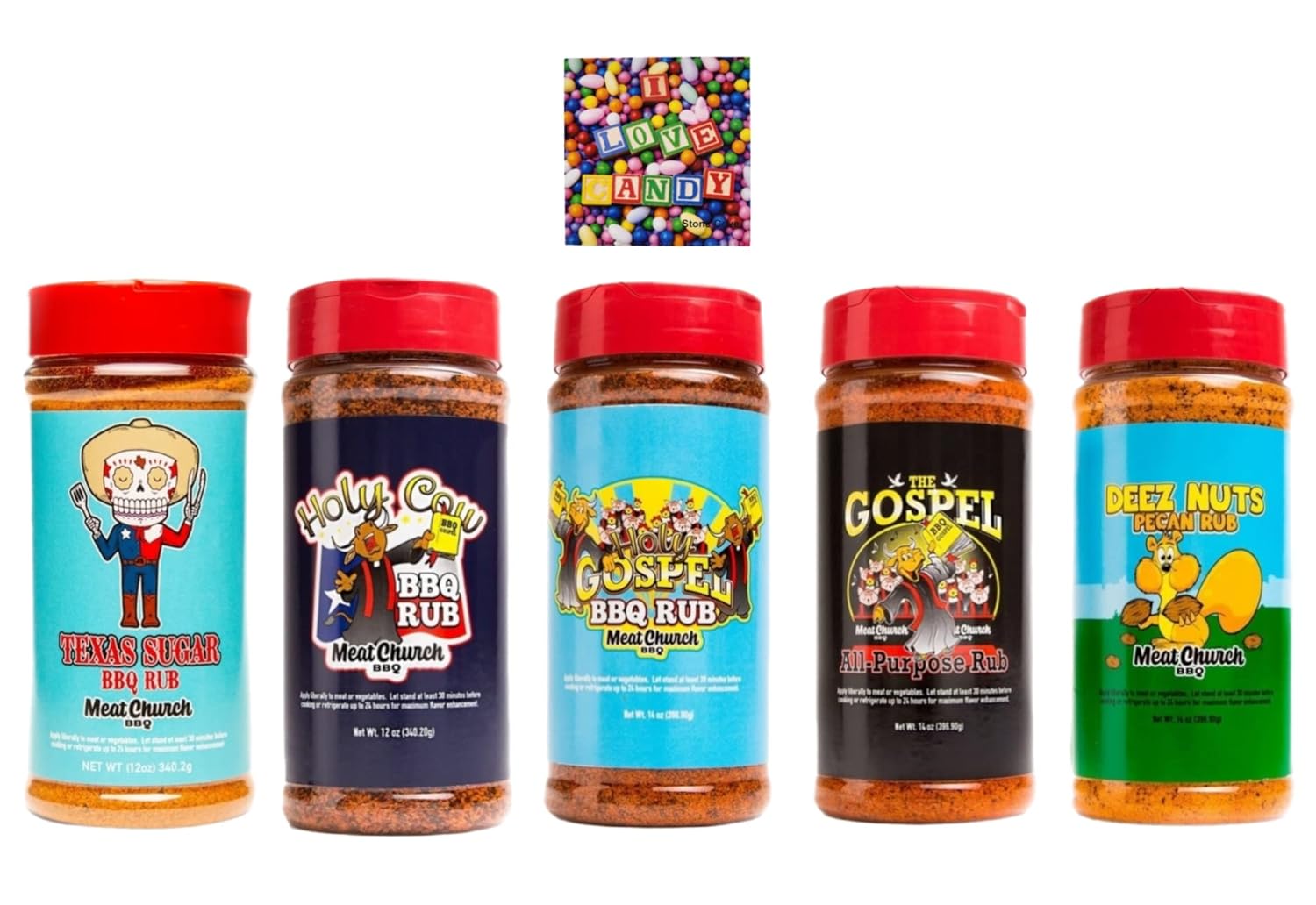 Meat Church Barbecue Rub 5 Flavor Variety Pack - Holy Cow, Texas Sugar, Holy Gospel, The Gospel, Deez Nuts Pecan Rub - 56 Oz Total - Comes with Stone Cove Fridge Magnet