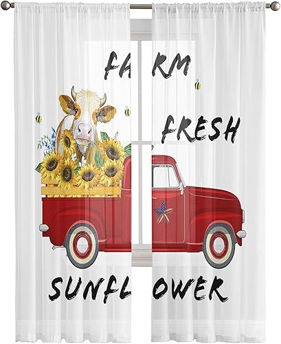 Semi Sheer Curtains Panel 108 Inch Length, Country Truck Carrying Scalper Sunflower Voile Chiffon Rod Pocket Window Treatment Drapes, Cortinas Light