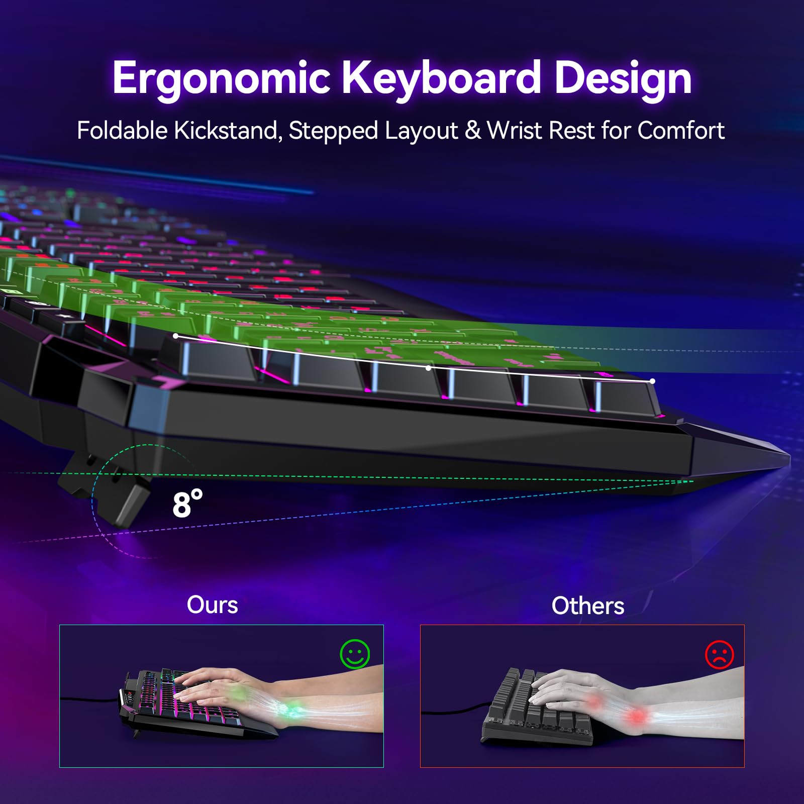 TECKNET Wired Gaming Keyboard, 26-Key Anti-Ghosting RGB Keyboard, Ergonomic Design with Phone Holder & Wrist Rest, Dedicated Shortcut Keys & Spill-Resistant Backlit Keyboards for PC/PS5/Xbox — view 3
