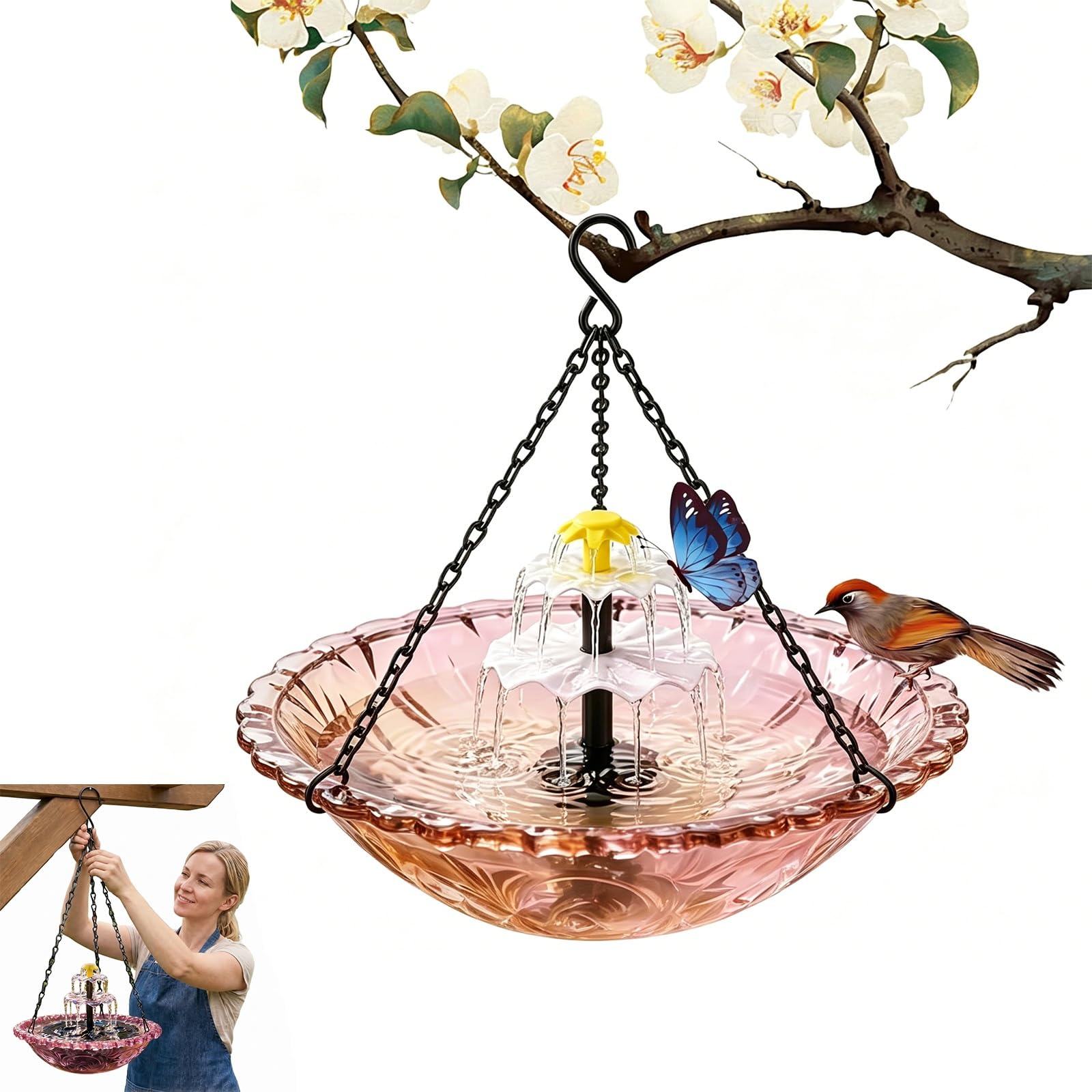 BOLEXA Hanging Solar Bird Bath Fountain For Garden, Outdoor Solar Powered Glass Bird Bath With Water Pump, Decorative Wild Bird Feeder For Patio Balcony, For Bird Lovers(Pink)