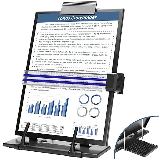 TONOS Paper Stand Document Holder - Quality Document Holder for Desk, Paper Stand for Desk When Typing, Sturdy Stainless Steel Copy Holder, Adjustable Angle, Paper Holder Stand for Desk Typing