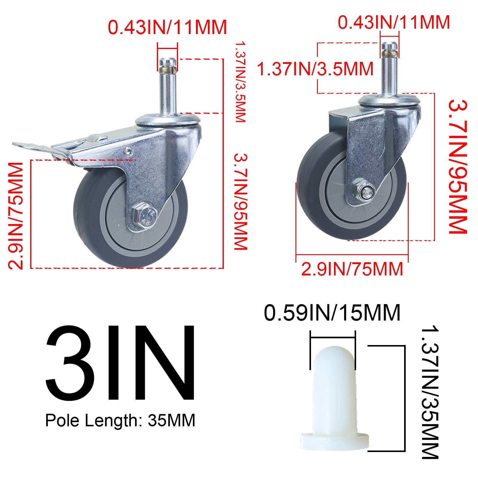 WORDFUN Roulette Pivotante À Tige Filetée M11, roulettes Remplacement avec Frein, Roues Pivotantes Silencieuses en Caoutchouc pour Meubles Chariots 4 Pcs 3 inch / 4 inch (Size : Ø 3" M11x35mm)