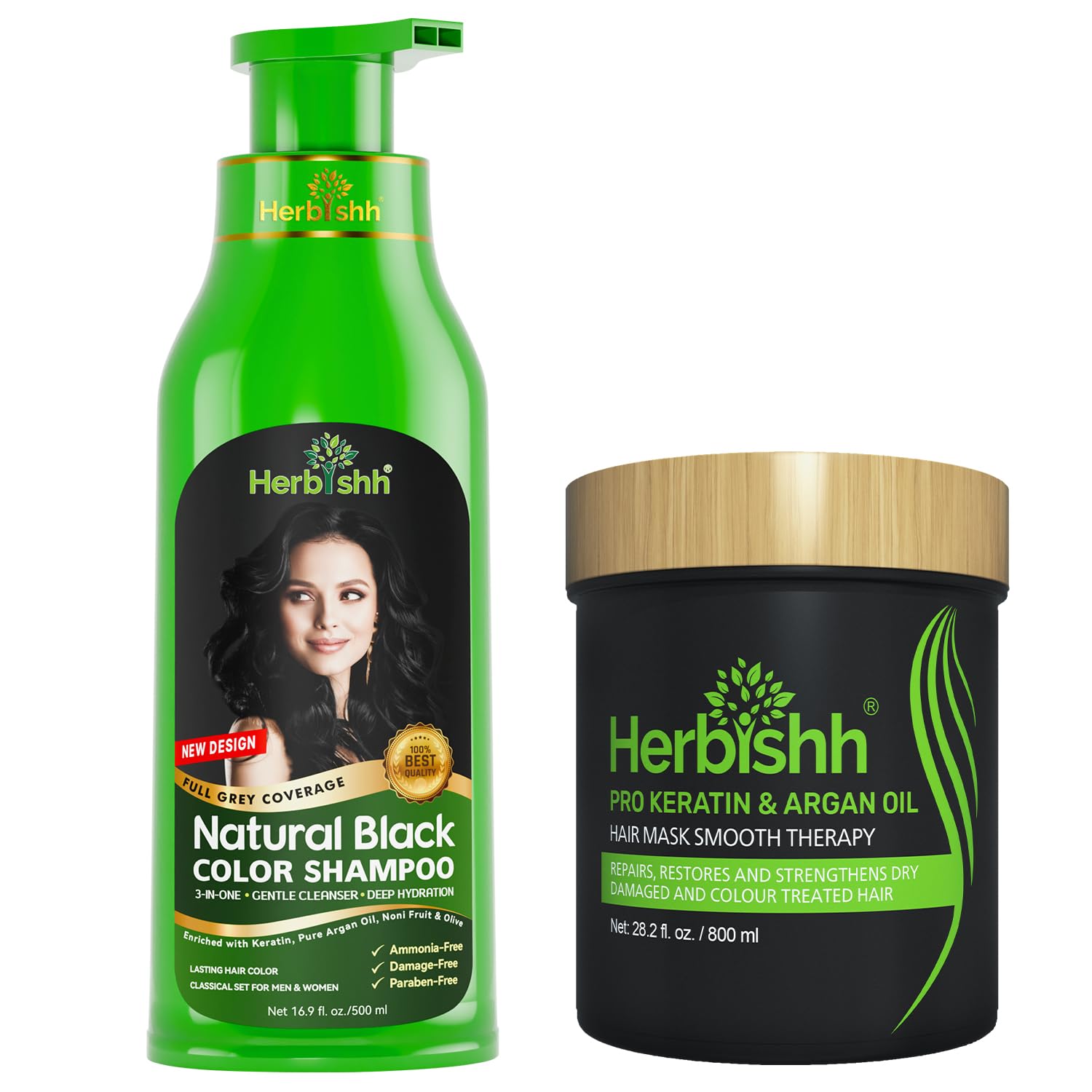 Herbishh Black 3 In 1 Hair Dye Shampoo 16.9 Fl Oz & Argan Oil Mask 28.2 Fl Oz Combo - Champu Para Canas Mujer - Hair Dye Shampoo for Men & Women - Hair Mask For Moisturizer Dry, Damaged Hair