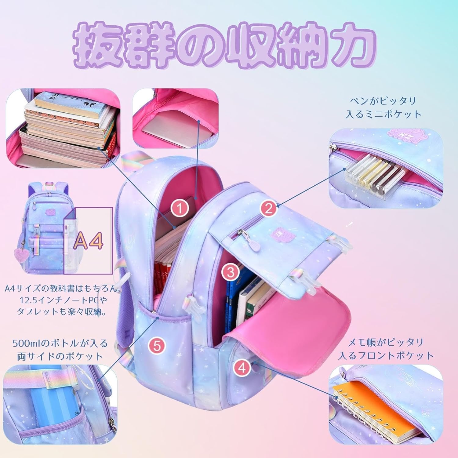 [ＹＵＫＩＲＡ] リュック 女の子 A4対応 軽量 低学年 レッスン バッグ 小学生 幼稚園 通園 入園 お祝い 遠足 かわいい 旅行 クリスマス 誕生日