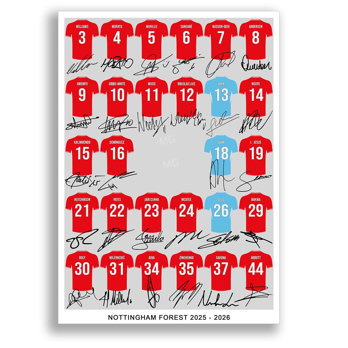 Mounted Gifts Trading Nottingham Forest Team Squad 2025-2026 Signed Poster Print Framed Picture Photo Autograph Gift 25/26 Morgan Gibbs-White Chris Wood (A3 Squad Poster)