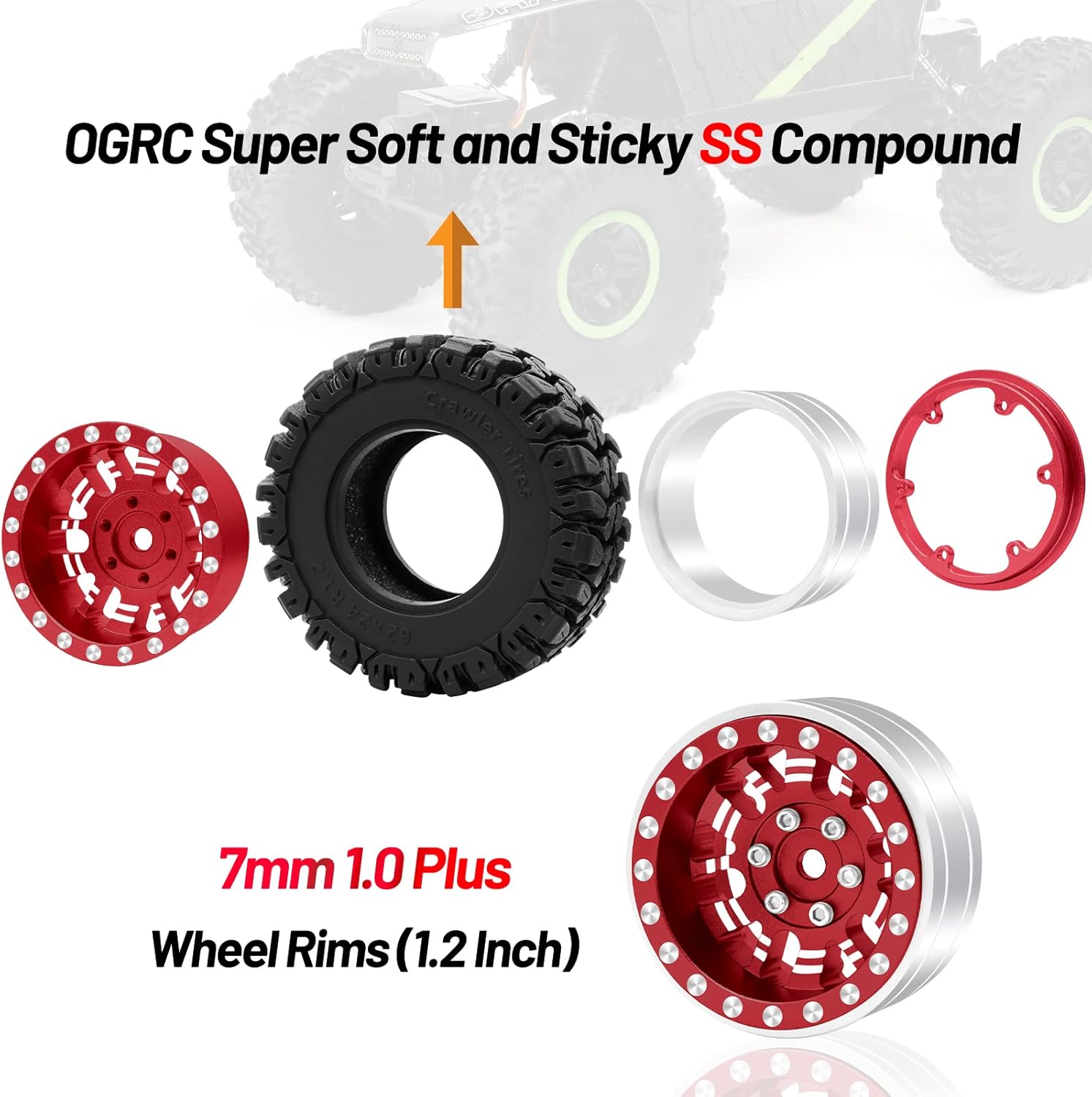 OGRC 1.0 Plus (1.2 Inches) Beadlock Wheels 7mm Negative Offset Wheel Rims Super Soft Sticky Tires for TRX4M SCX24 FCX24 AX24 1/24 1/18 RC Crawler Car - 62 * 24mm (Red)