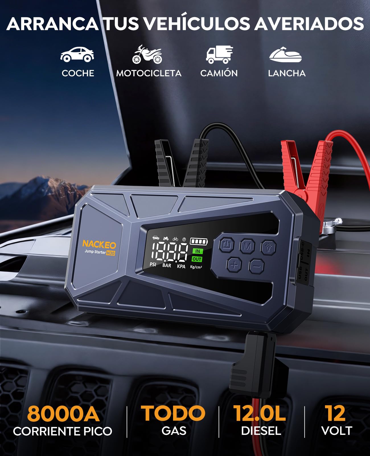 Arrancador de Baterías de Coche 8000A con Compresor 160 PSI, 12V Arrancador de Coches Portátil (Todo Gasolina o 12L Diésel), Arrancador de Coche con Linterna LED, Pantalla LCD y Carga Rápida