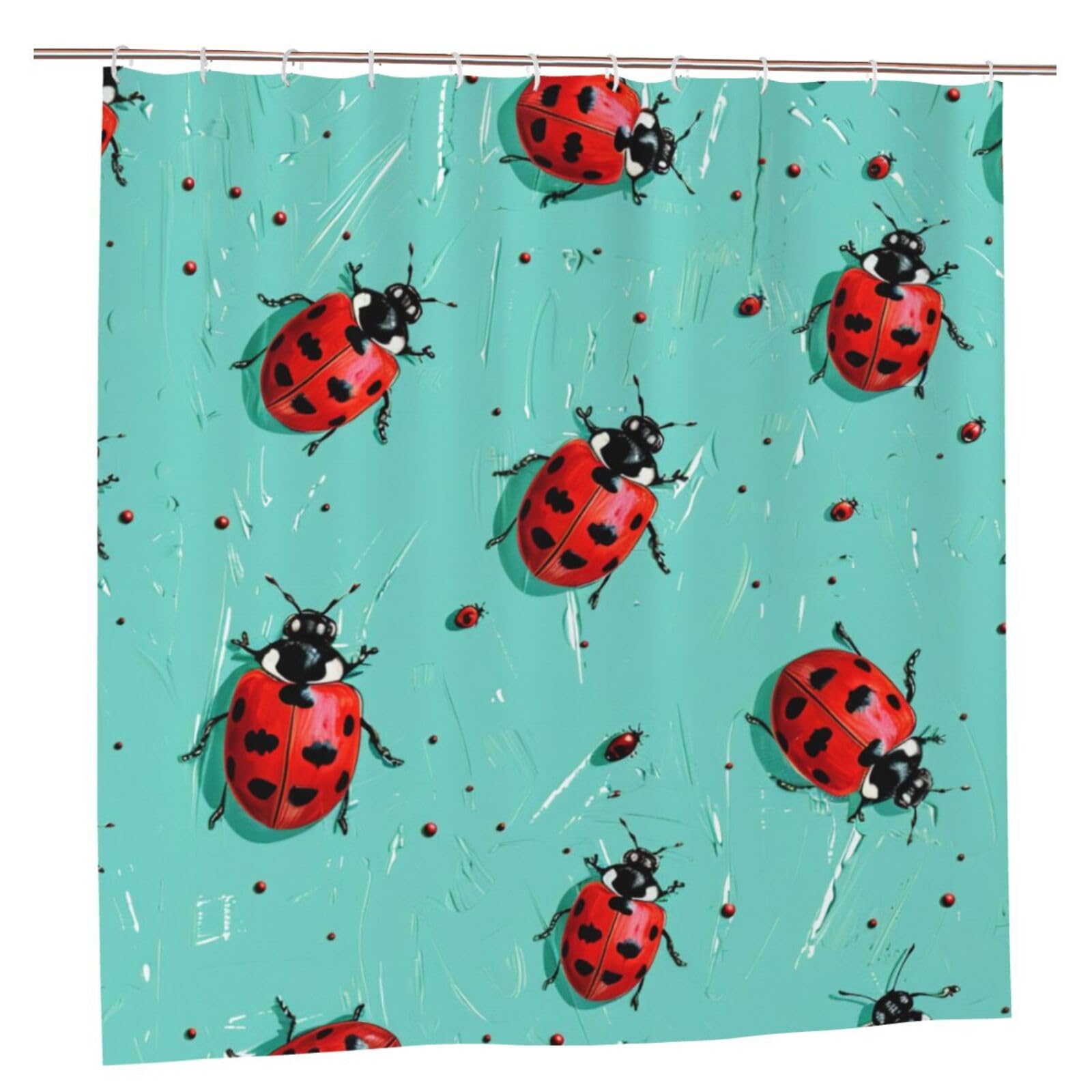 BWWHCCTI Red Ladybugs On A Blue Background Printed Shower Curtain With 12 Plastic Hooks Opaque Quick Drying Waterproof Shower Curtains Sets For Bathroom 183x183 CM