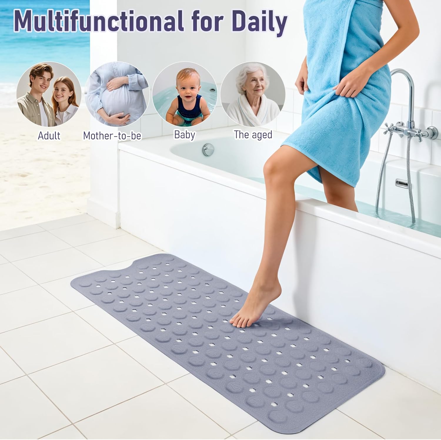 Bath Mat for Tub Non Slip 35*16 In, Silicone Anti Slip Shower Mat Bathtub Acupressure Relief for Kids Elderly Machine Washable with Antislip Textured Safety Strong Suction Cups & Drain Holes Easy Dry