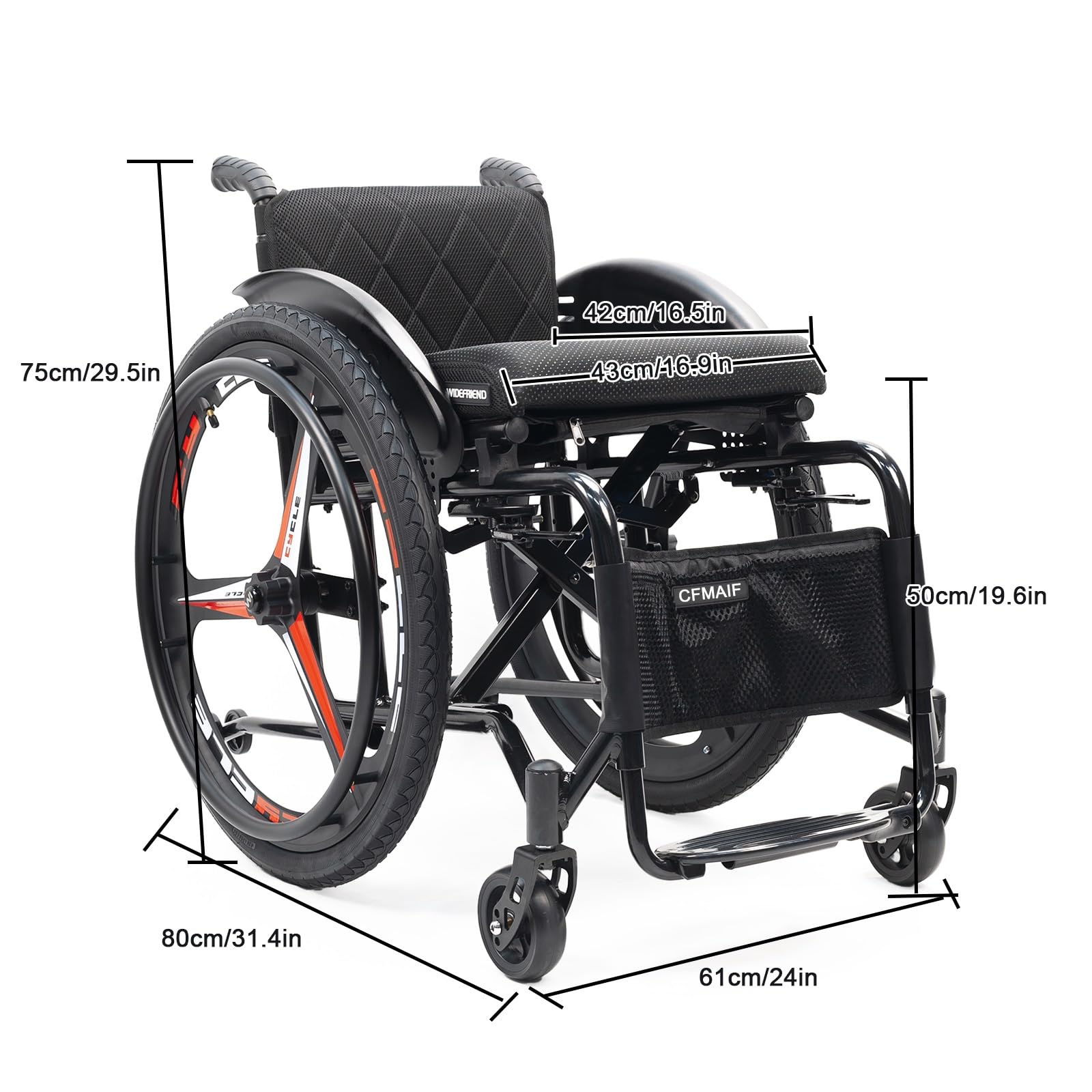 Silla de ruedas deportiva, manual, Plegable, ultraligera,Transporte,Aluminio,Reposapiés abatibles,Frenos de mano(Daily,43cm/16.9in Seat)