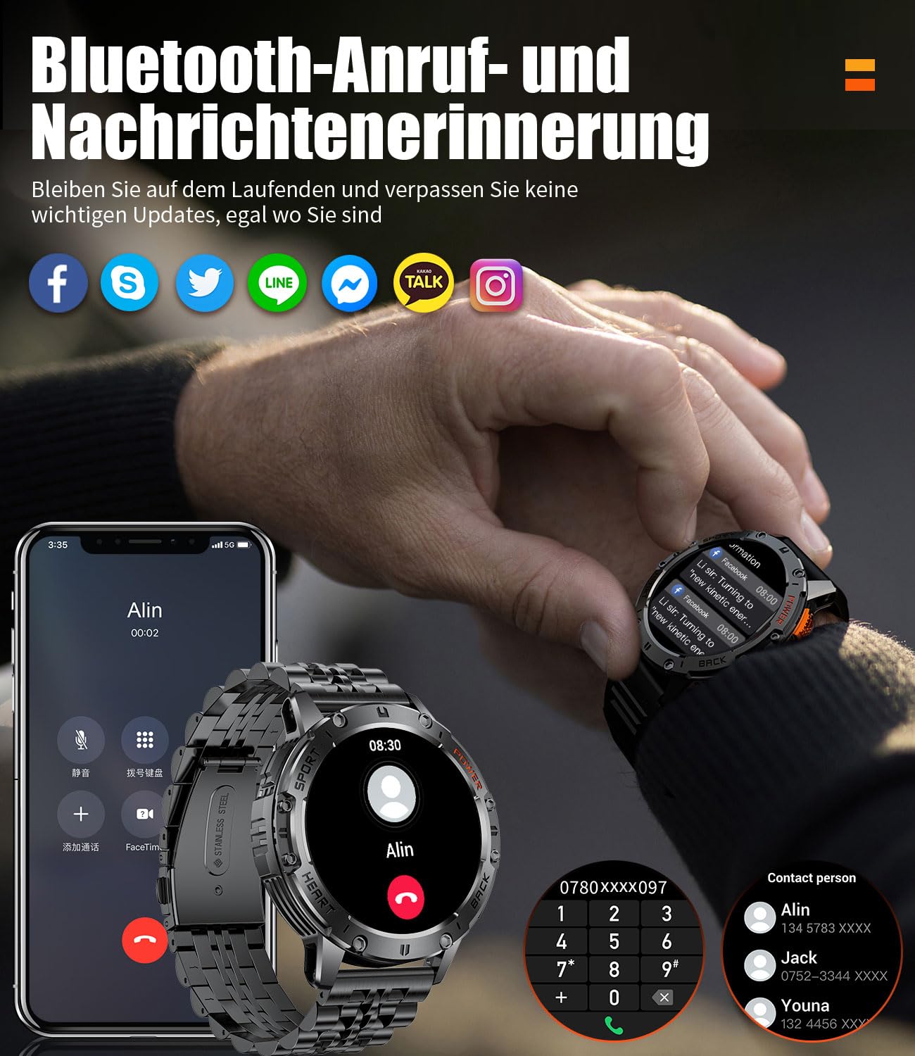 ESFOE Smartwatch Uomo, 1.43" AMOLED Smartwatch Militare Uomo Fitness con Chiamate Bluetooth Orologio Intelligente Impermeabile 5ATM/120 Modalità Sportive/530mAh/Torcia/Cardiofrequenzimetro, Mezzanotte
