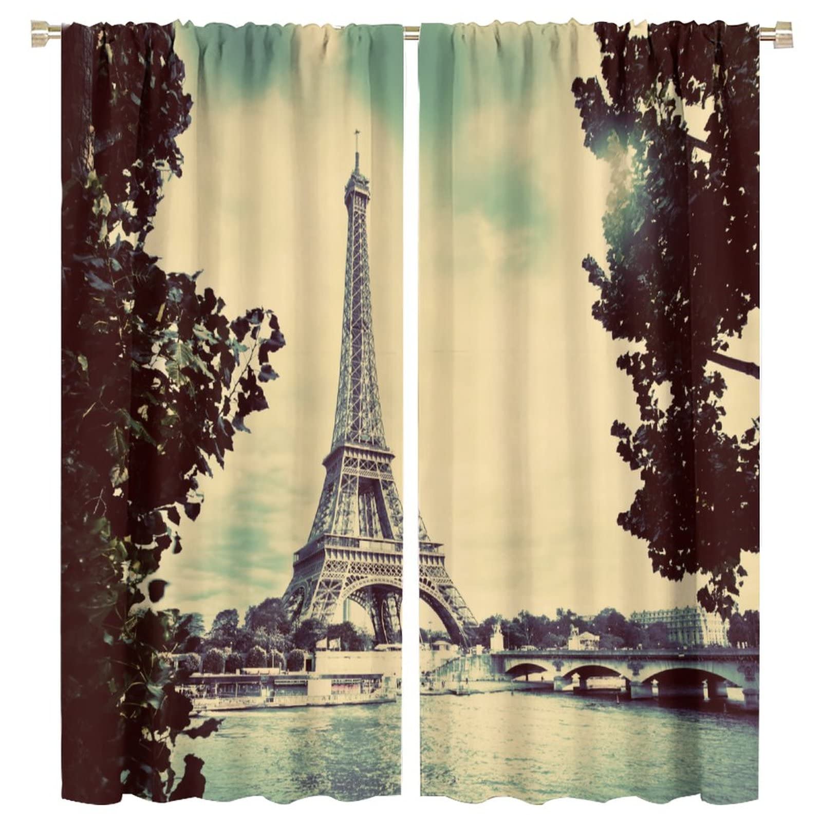 JESTRONRY Paris Eiffel Tower Seine River Blackout Curtains,Vintage France Cityscape Scene Theme Rod Pocket Window Drapes 2 Panel Set for Living Room Bedroom Kitchen Cafe W63xL72in
