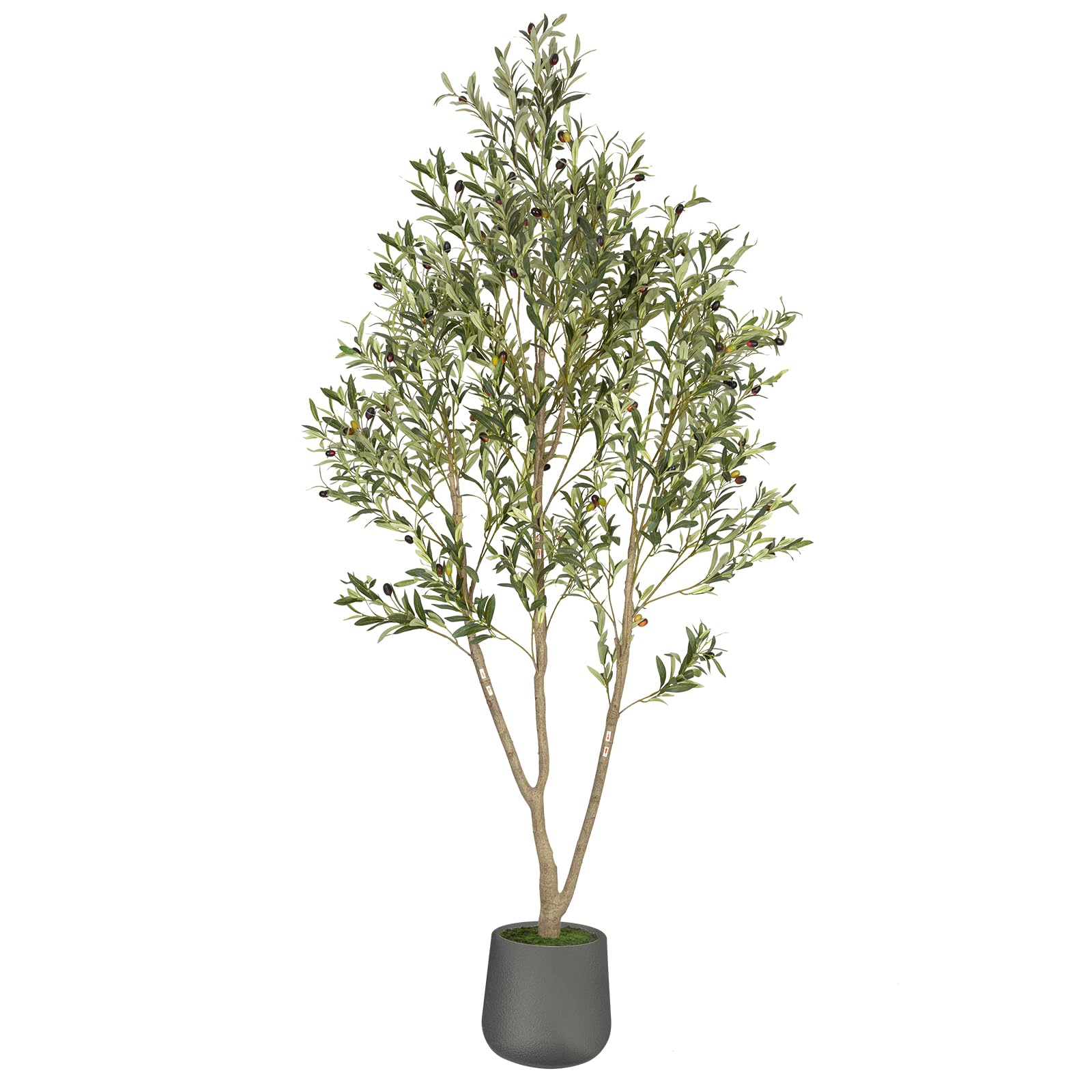 Olive Trees Artificial Indoor, 7FT Tall Faux Olive Tree with Gray Tall Planter, Artificial Plants with Natural Wood Trunk and Lifelike Fruits for Home Office Decor