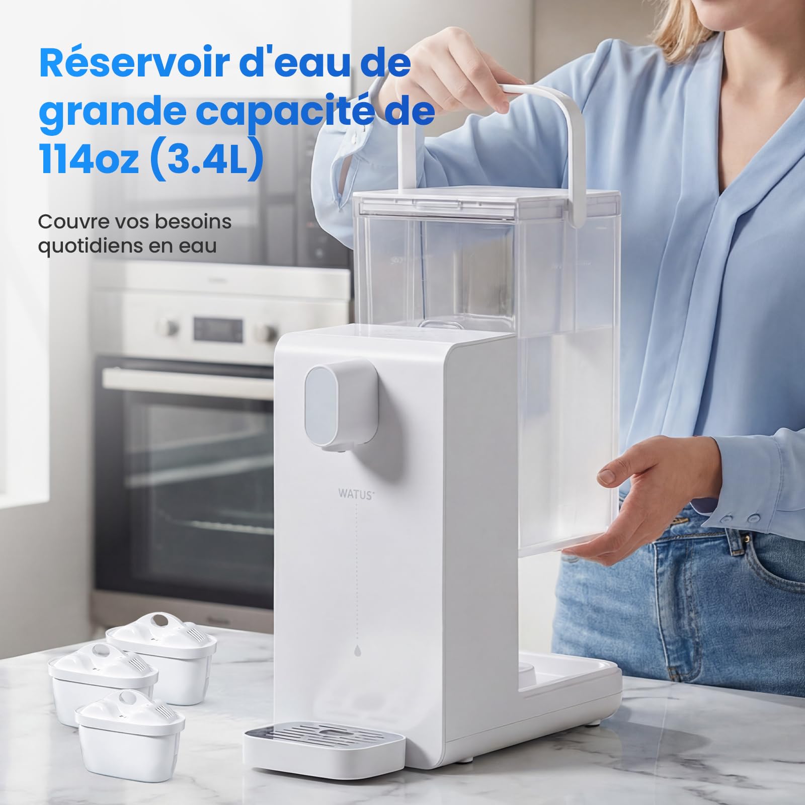 Distributeur eau chaude, distributeur instantané avec filtration et chauffage, 3 cartouches filtrantes. Filtrez l'eau pour réduire le calcaire, le chlore, le plomb.