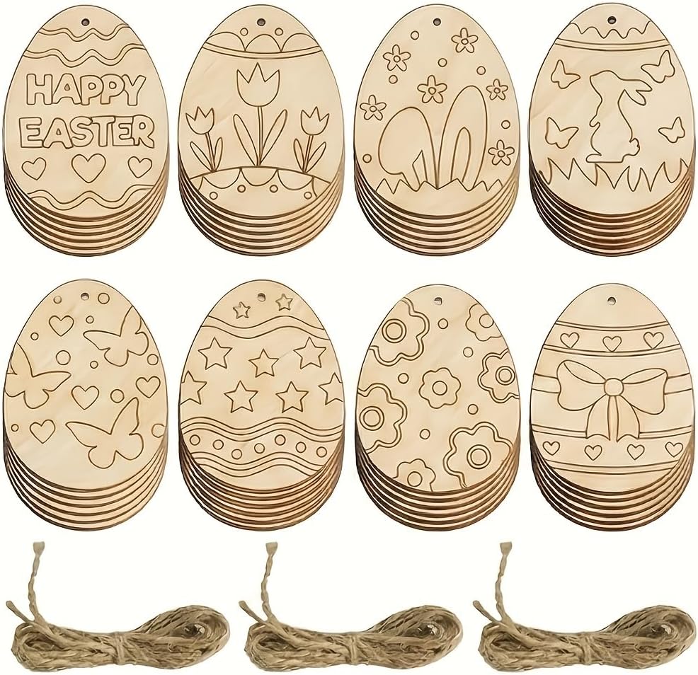 20PCS Easter Wooden Egg Ornaments, 10 Blank Wooden Pieces & 10 Twine Ropes for DIY Crafts, Assorted Colorful Easter Decorations, Hanging Pendants for Kids, Home Decor (20PCS)