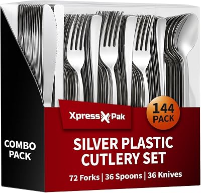 144-Piece Silver Plastic Cutlery Set – Heavy Duty Silverware – 72 Forks, 36 Knives, 36 Spoons – Elegant Flatware for Parties, Weddings, Catering & Everyday Use