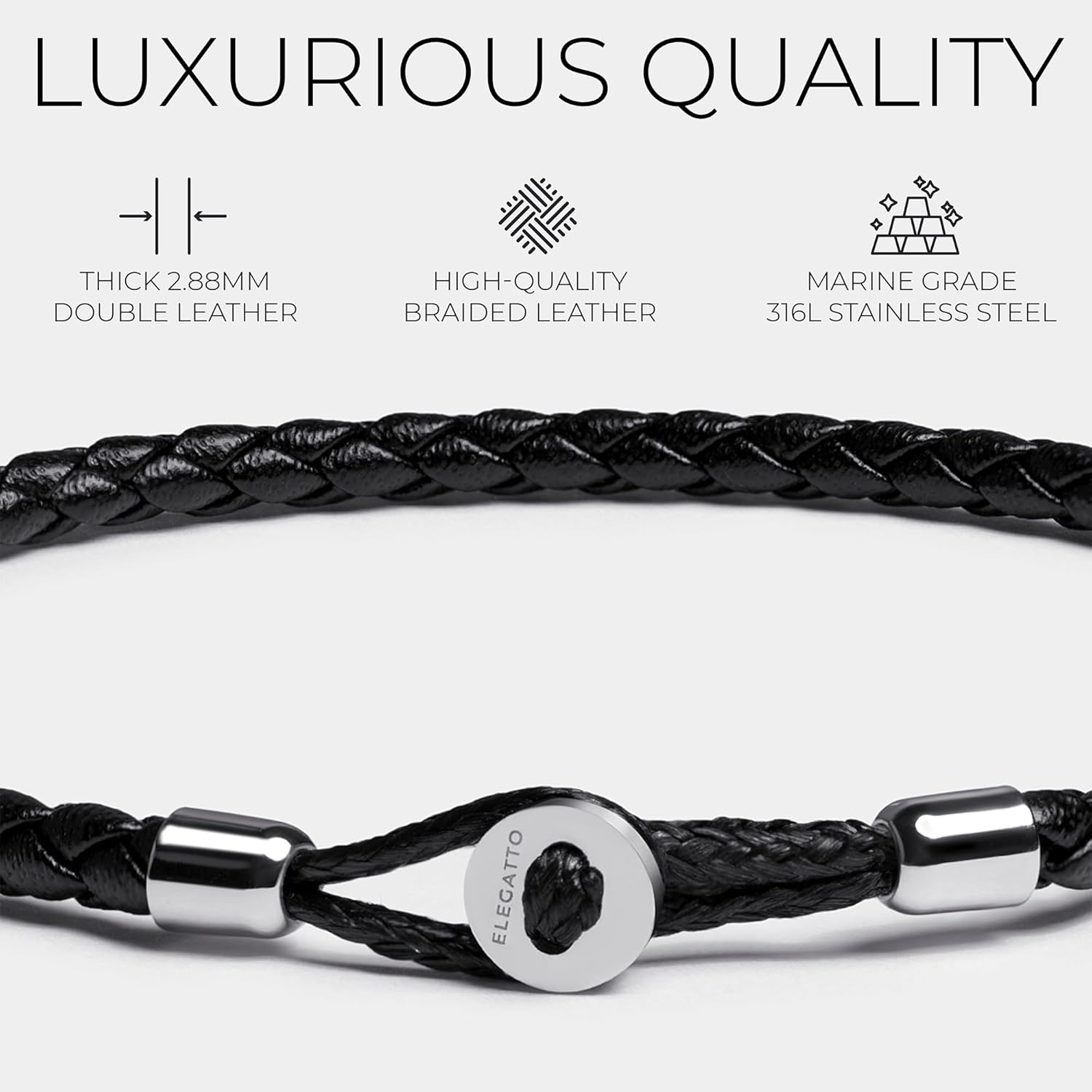 Elegatto Uno Premium Braided Leather Bracelet for Men | Full-Grain Leather with Sterling Silver Polished Stainless Steel Closure | Men’s Designer Bracelets