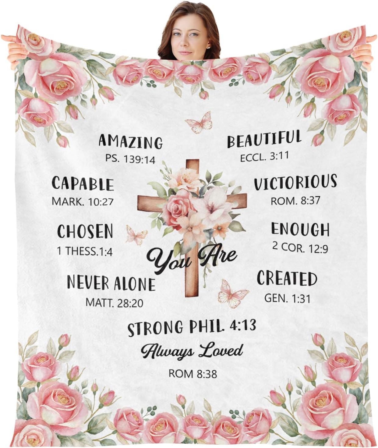 Christian Blanket Gifts for Women - Religious Faith Bible Baptism Gift, Catholic Christmas Birthday Friendship Gifts for Girls Sister Mom, Pink Rose Cross Inspirational Throw Blanket 59"X 51"
