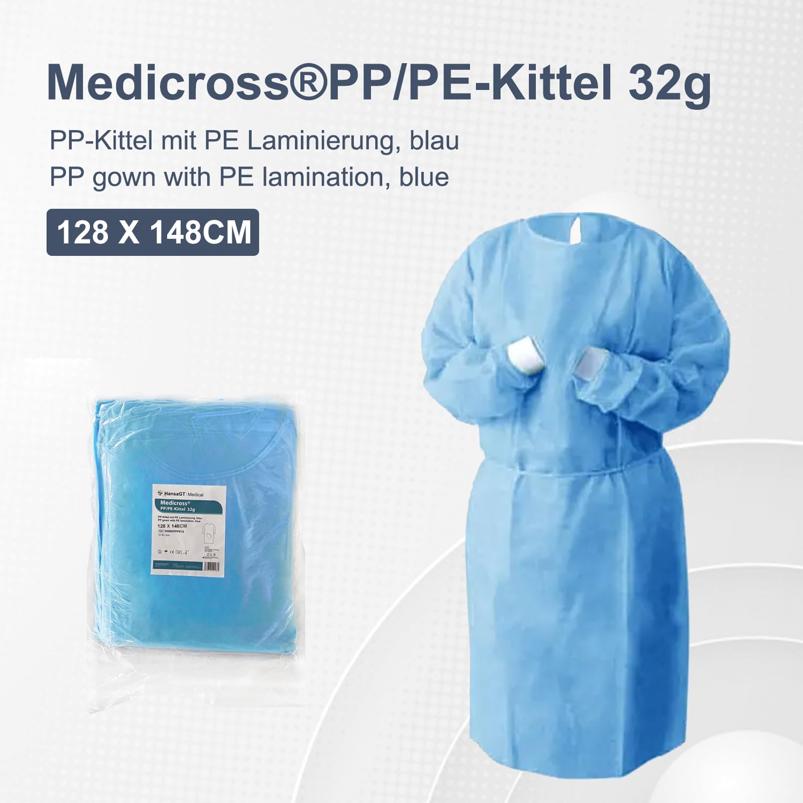 10 Stk PP+PE Schutzkittel Einweg, OP Kittel Blau 128x148 cm, Krankenkittel 32g, Einweg Kittel, PP+PE-Vlieskittel, Patientenkittel, Einmalkittel, OP Kittel, Schutzkittel, Einwegkittel (PP+PE, 10 Stück)