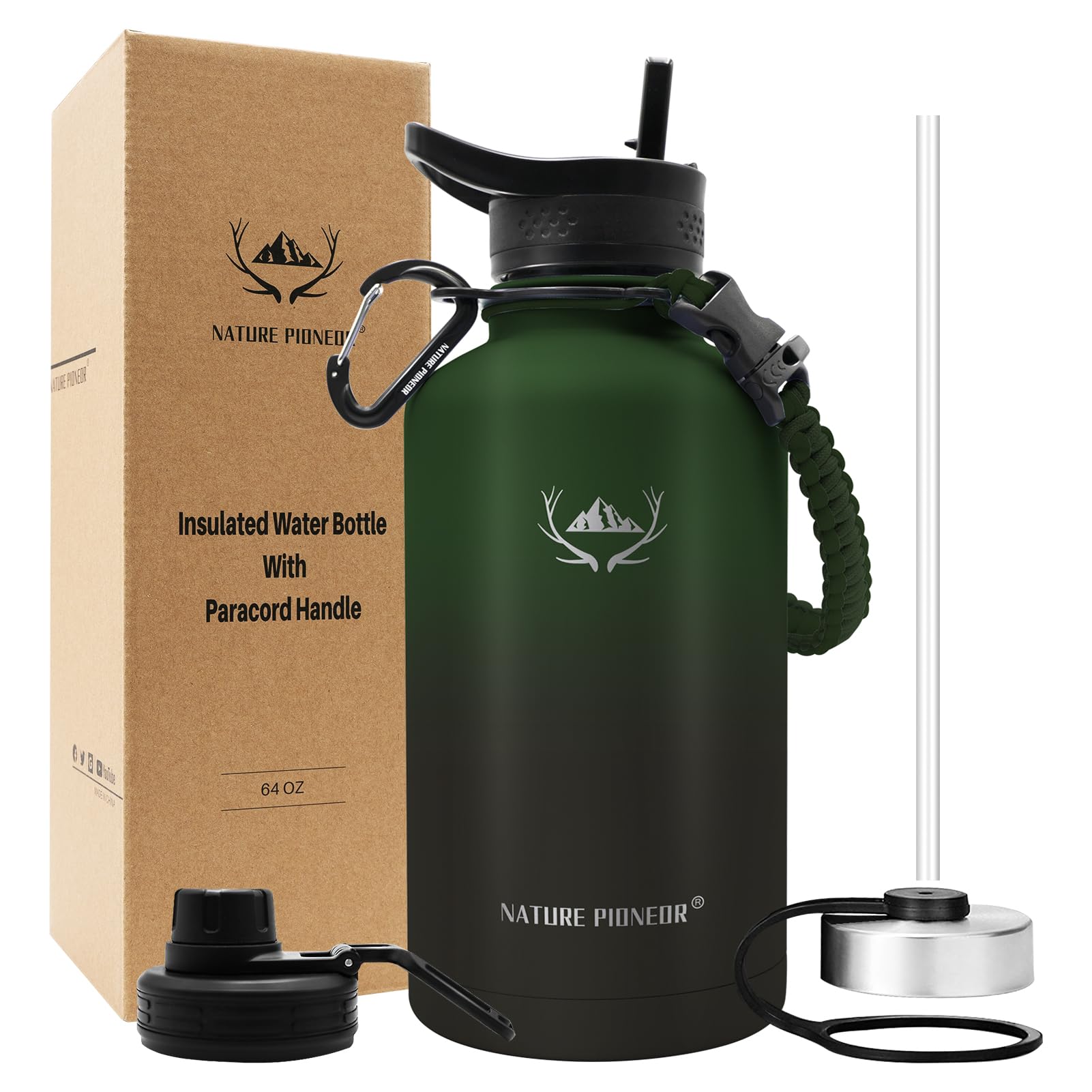 NATURE PIONEOR Insulated Water Bottles with Paracord Handle - 64 oz Vacuum Sports Wide Mouth Water Bottle with 3 Lids, Leak Proof Stainless Steel Keeps Hot and Cold