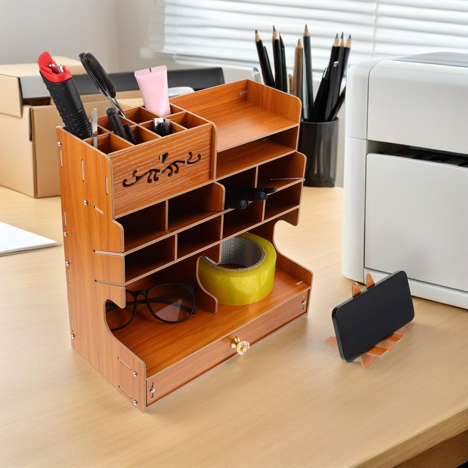 Cabilock Organizer Porta Penne in Legno con Scomparti Multipli Scatola Portaoggetti da Scrivania per Penne Matite e Accessori Grande Capacità per Ufficio e Casa Elegante