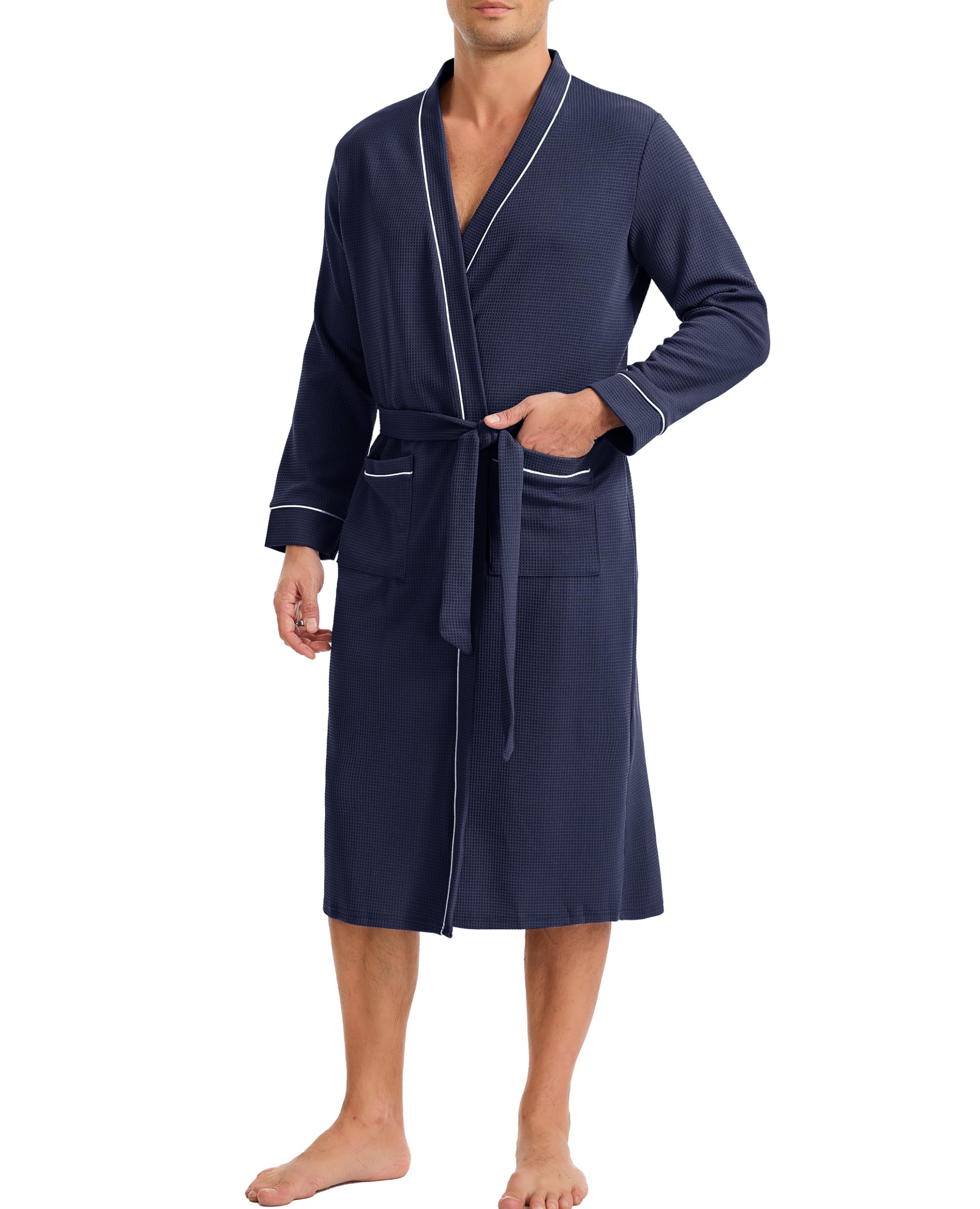 Lovasy Peignoir de Bain Homme Coton Kimono Légère Peignoir en Gaufré à Manches Longues Robe de Chambre Doux et Confortable Longueur du Genou Loungewear Col V avec Ceinture
