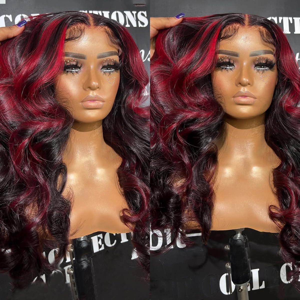Red Highlight Synthetic Lace Front Wig 24 Inch Body Wave Hair Black Mixed Red Ombre Color 13X4 HD Lace Wig Pre Plucked Hairline 180% Density Heat Resistant Soft Hair for Fashion Women
