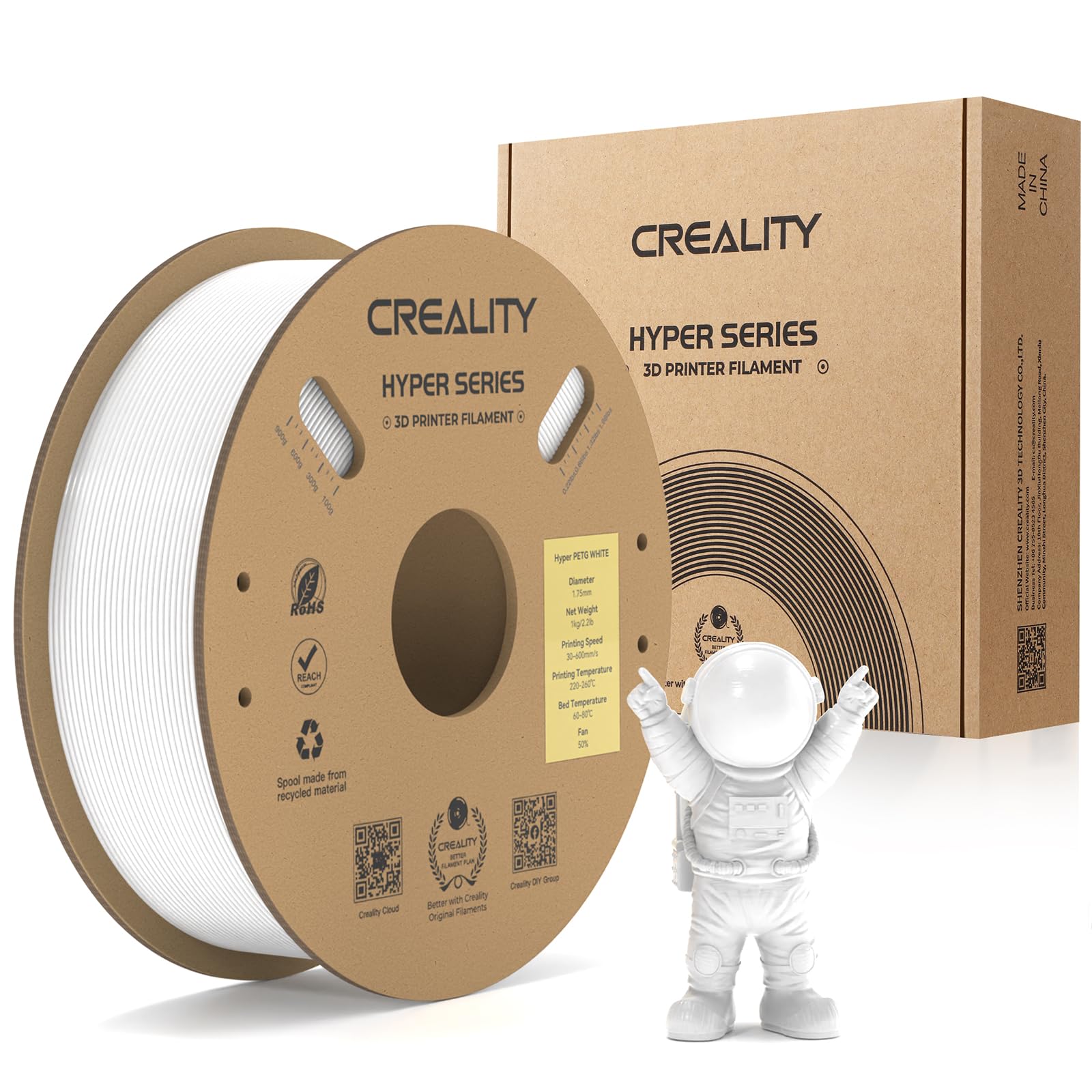 Filamento Creality Hyper PETG, Filamento Bianco 1,75 mm Hyper PETG 1KG, Filamento per Stampante 3D PETG Precisione Dimensionale +/- 0,03 mm, Adatto Alla Maggior parte Delle Stampanti 3D