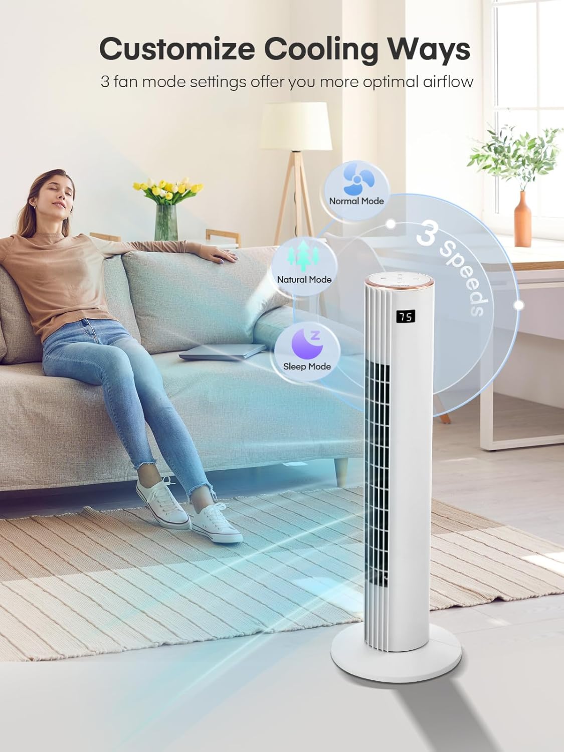 FOHERE Tower Fan for Bedroom, Quiet Oscillating Floor Fans, Remote Control, 3 Modes, 12H Timer, Suitable for Home, Office, Living Room, White