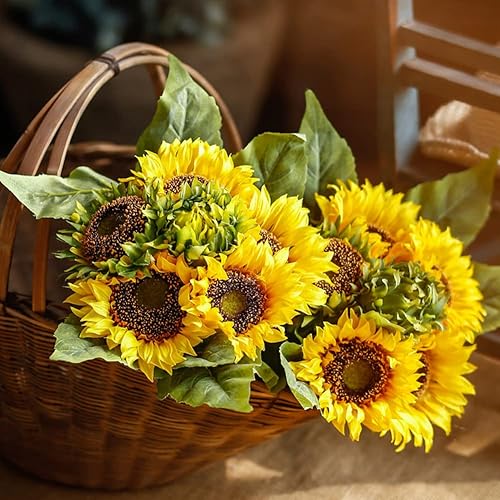 Miniatura 2 de Sandweek Flores artificiales clásicas de seda, girasoles, centros de mesa de flores falsas de tacto real, decoración del hogar para boda,