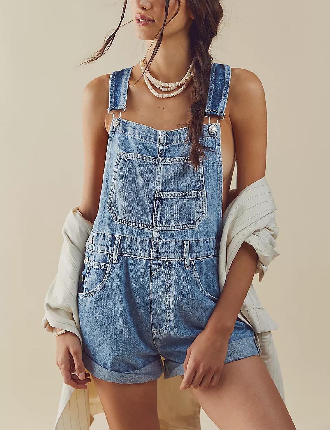 Pantalones cortos de mezclilla para mujer con peto, sueltos y ajustables