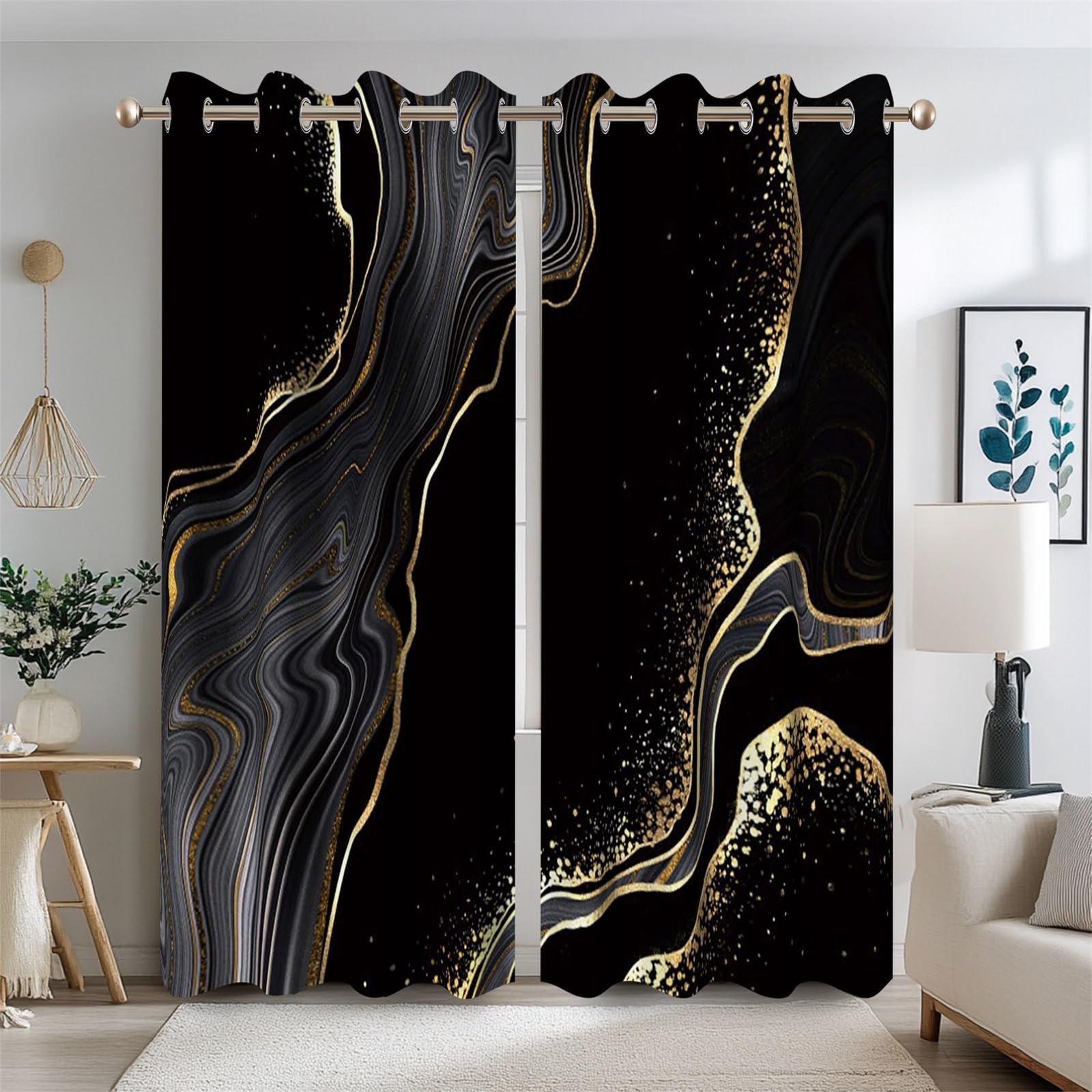 Ttincceer 117x183cm Black Marble Blackout Curtains for Bedroom Abstract Grey Gold Texture Marble Room Darkening Drapes Modern Art Luxury Window Curtain Thermal Insulated 2 Panels