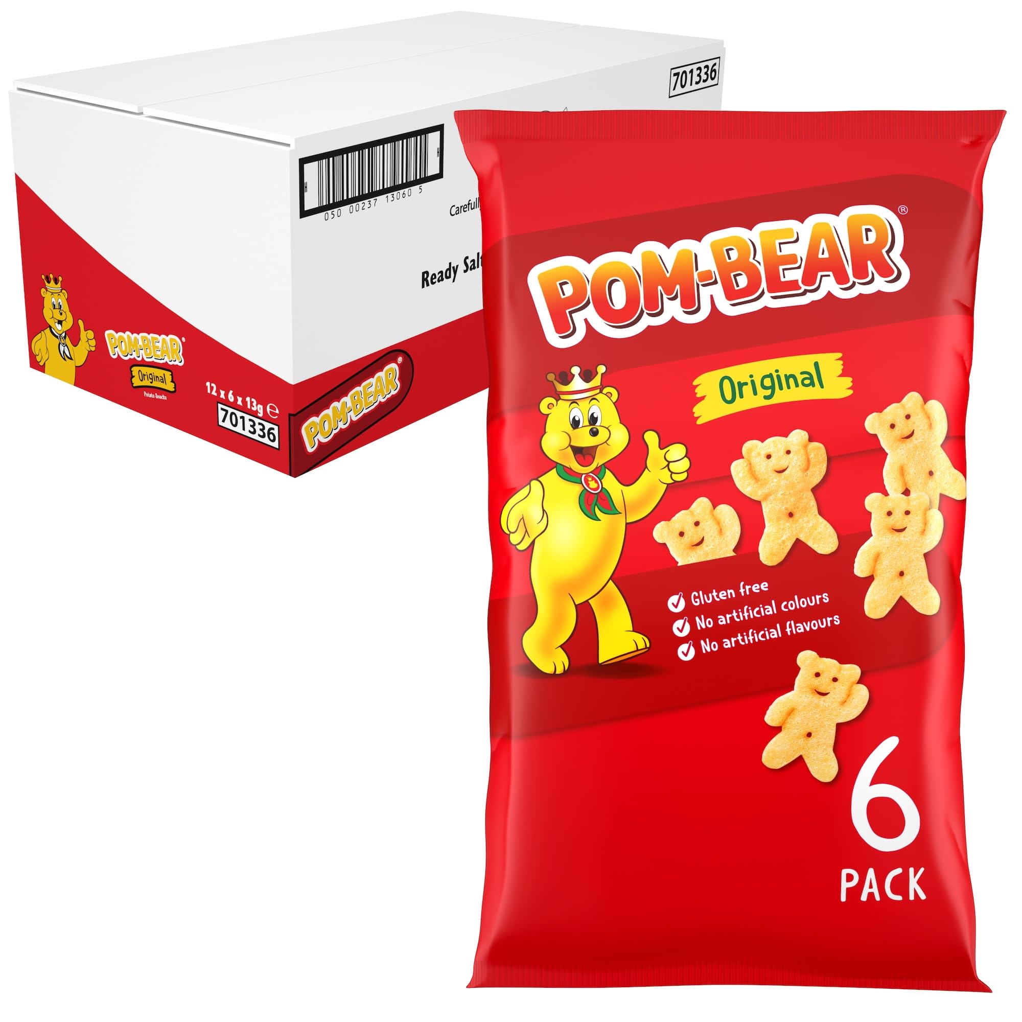 Pom-Bear ORIGINAL Crisps 13g x 6, Case of 12 - Light and Crispy Bear-Shaped Potato Snacks - Gluten free, No Artificial Colours or Flavours, Suitable for Vegetarians